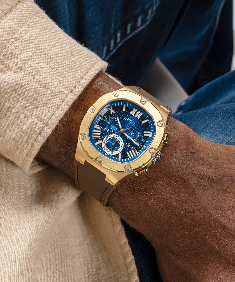 Guess Mens Gold Watches GUESS Mens Brown Gold Tone Multi-function Watch