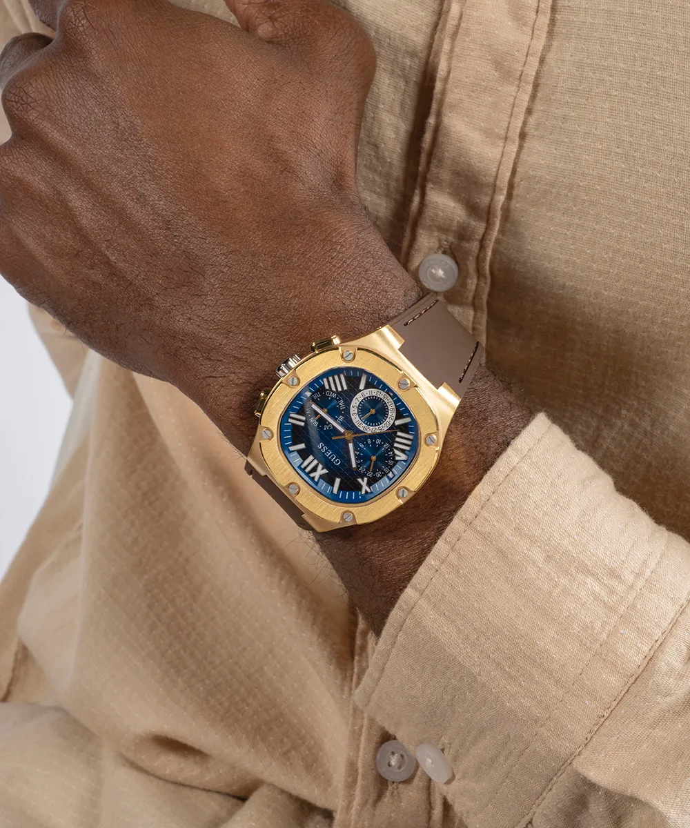 Guess Mens Gold Watches GUESS Mens Brown Gold Tone Multi-function Watch