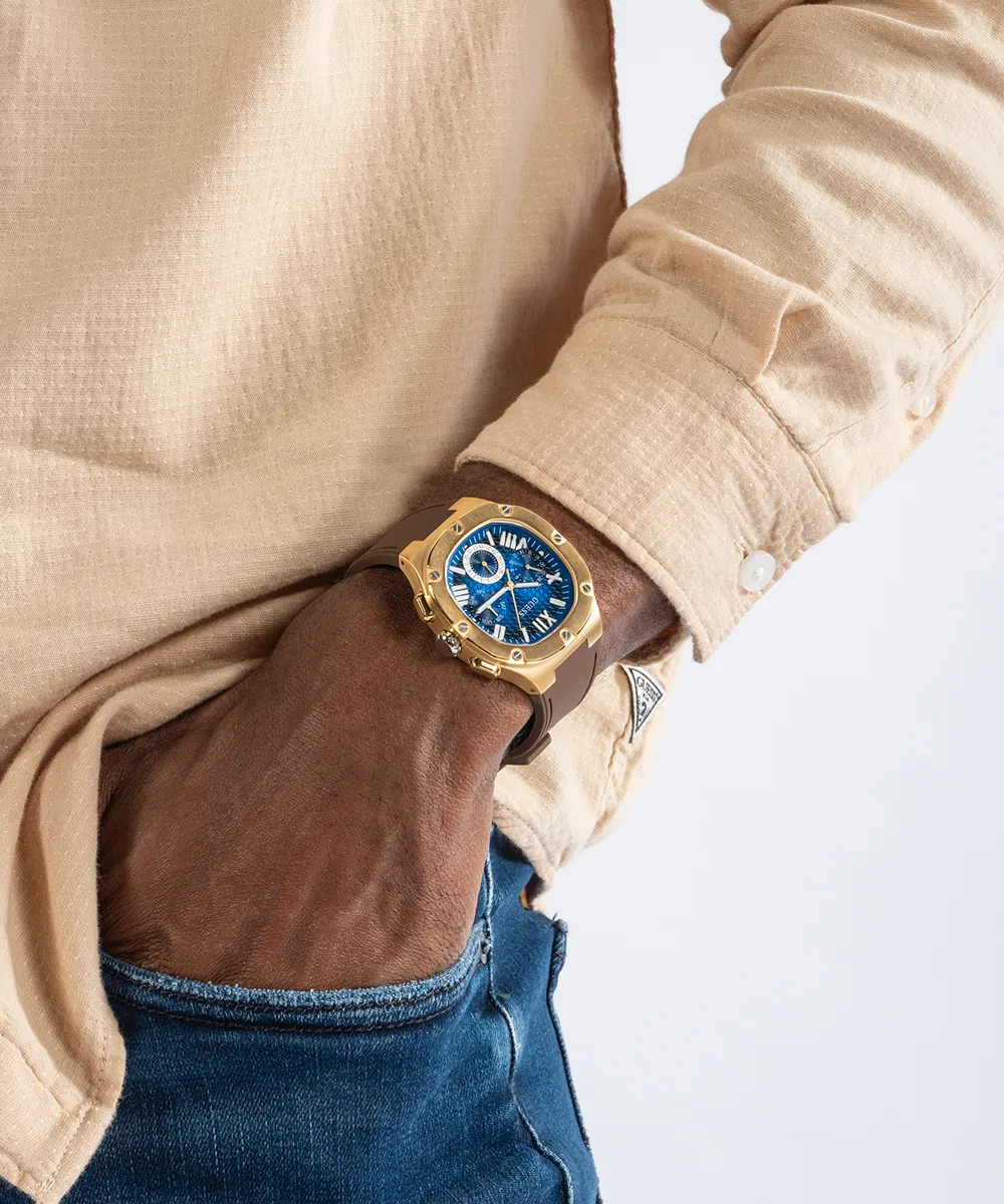 Guess Mens Gold Watches GUESS Mens Brown Gold Tone Multi-function Watch