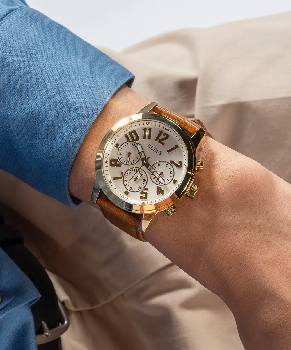 Guess Mens Gold Watches GUESS Mens Brown Gold Tone Multi-function Watch