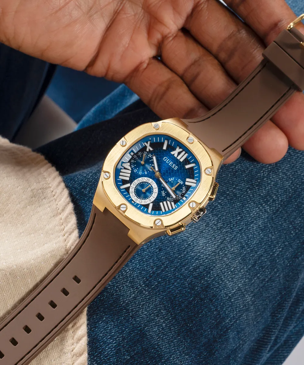 Guess Mens Gold Watches GUESS Mens Brown Gold Tone Multi-function Watch