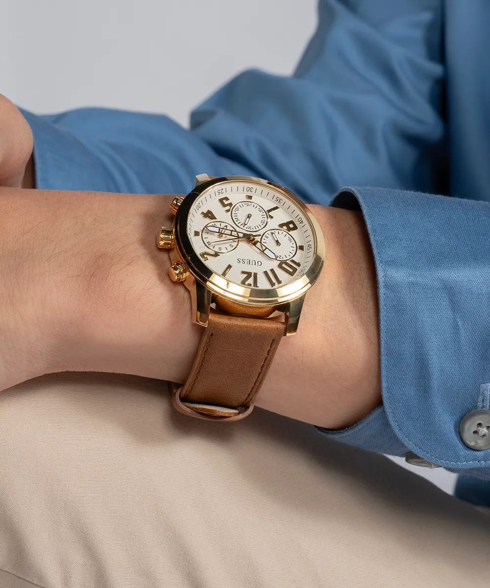 Guess Mens Gold Watches GUESS Mens Brown Gold Tone Multi-function Watch