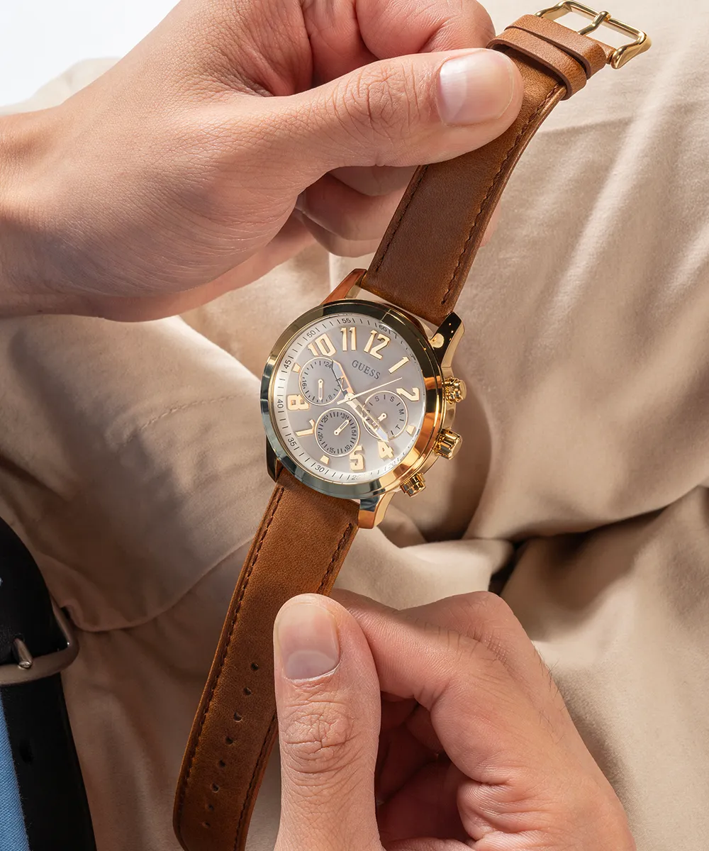 Guess Mens Gold Watches GUESS Mens Brown Gold Tone Multi-function Watch