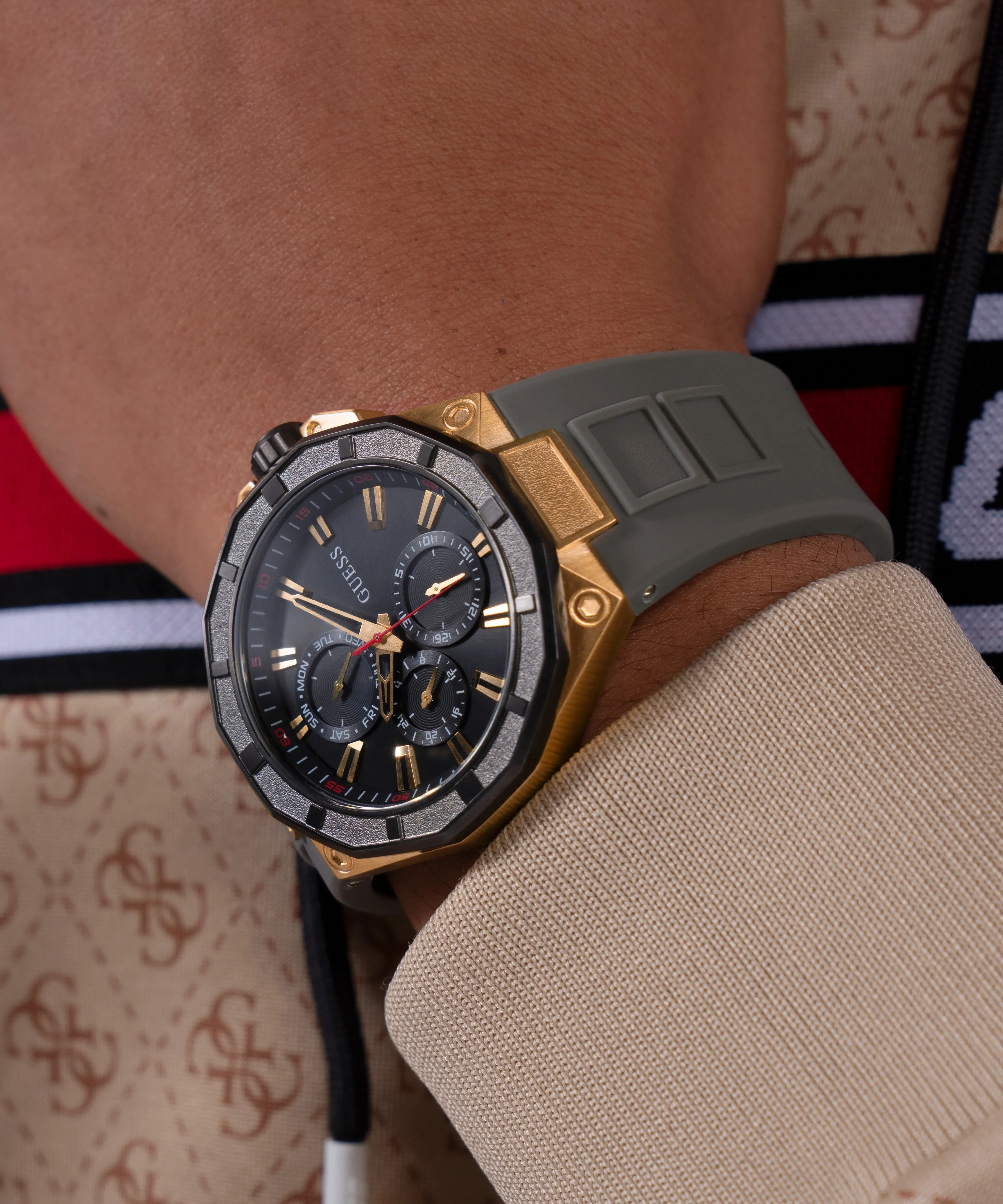Guess Mens Gold Watches GUESS Mens Gray Gold Tone Multi-function Watch
