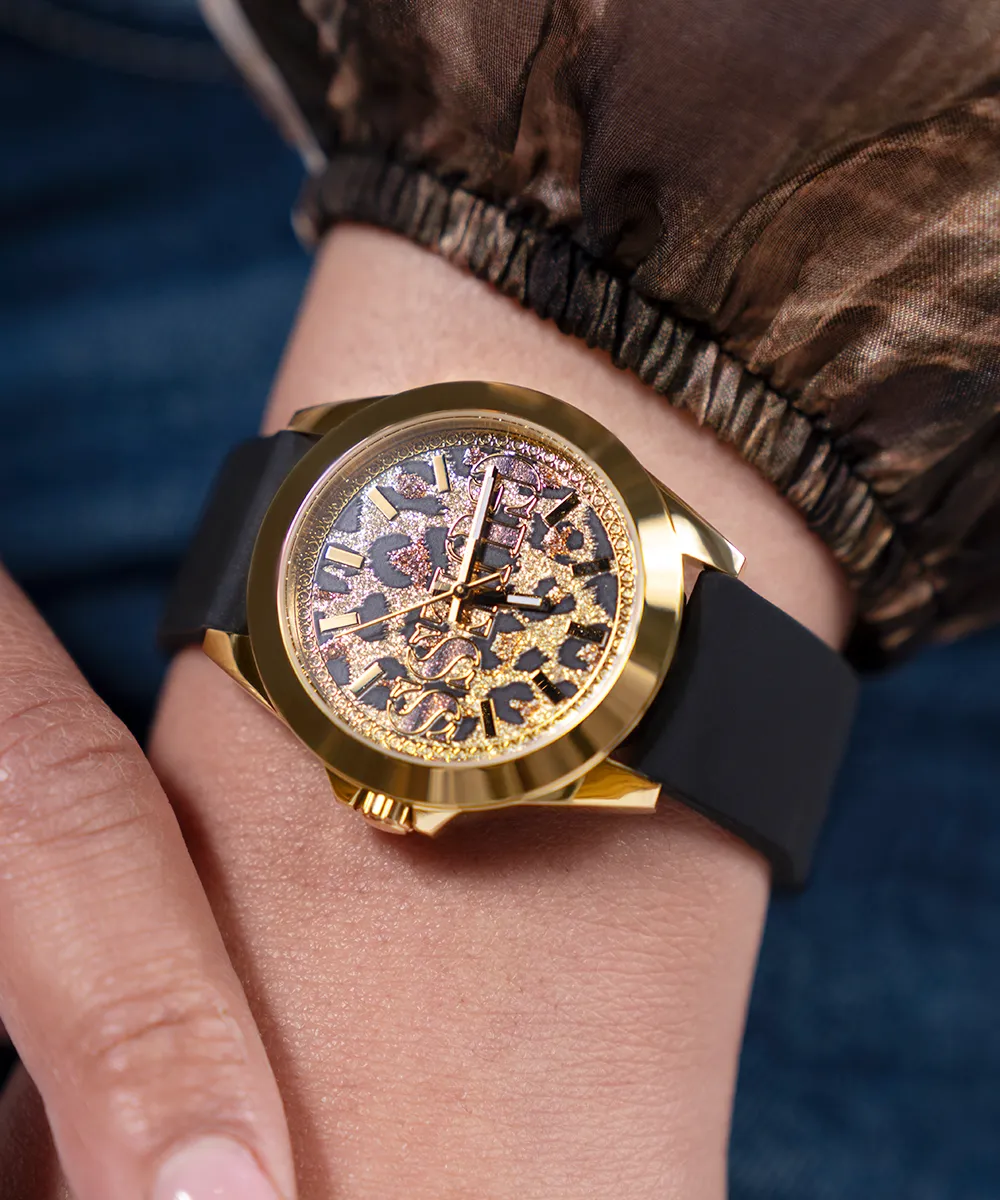 Guess Womens Silicone Watches GUESS Ladies Black Gold Tone Analog Watch