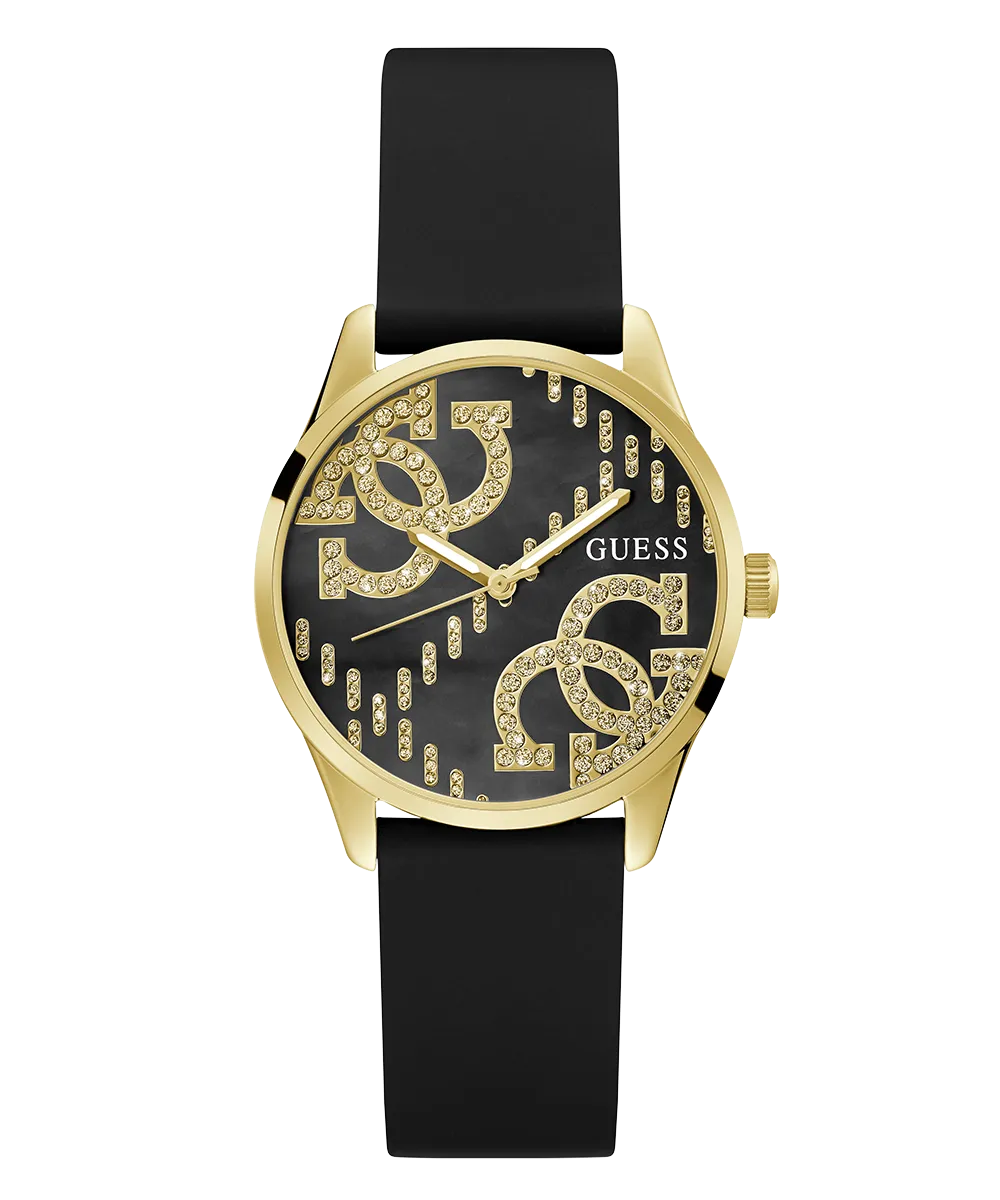 Guess Womens Silicone Watches GUESS Ladies Black Gold Tone Analog Watch