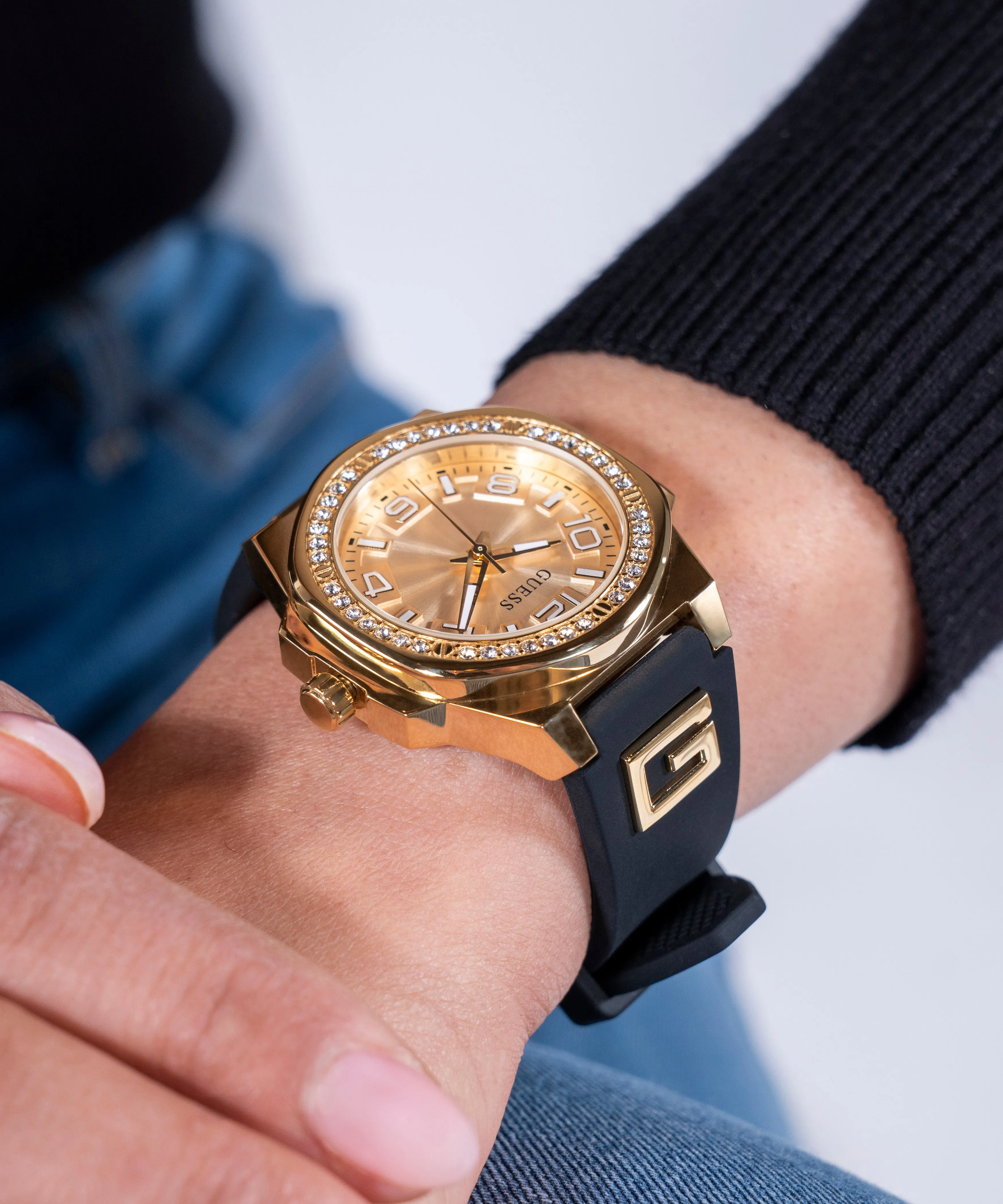 Guess Womens Silicone Watches GUESS Ladies Black Gold Tone Analog Watch