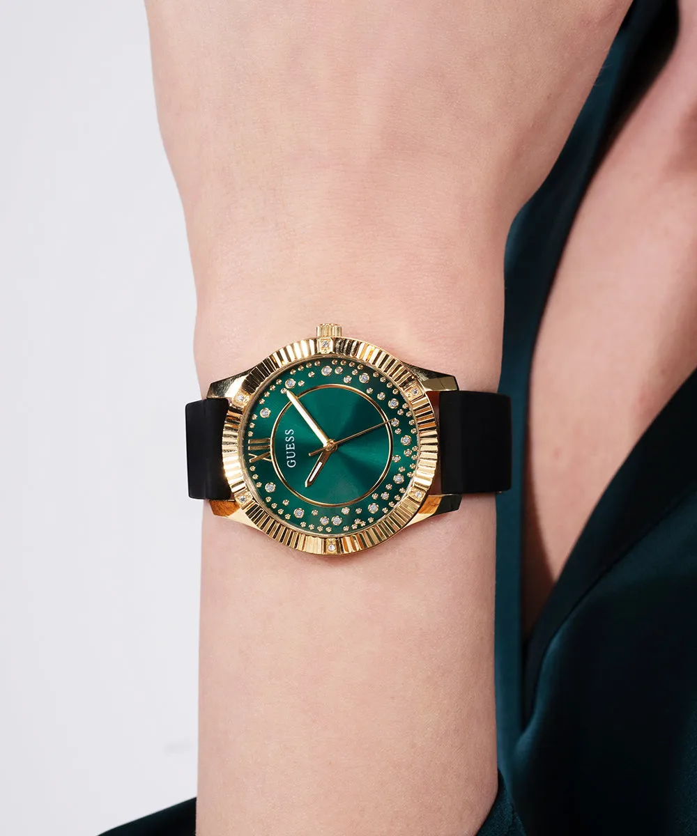 Guess Womens Silicone Watches GUESS Ladies Black Gold Tone Analog Watch