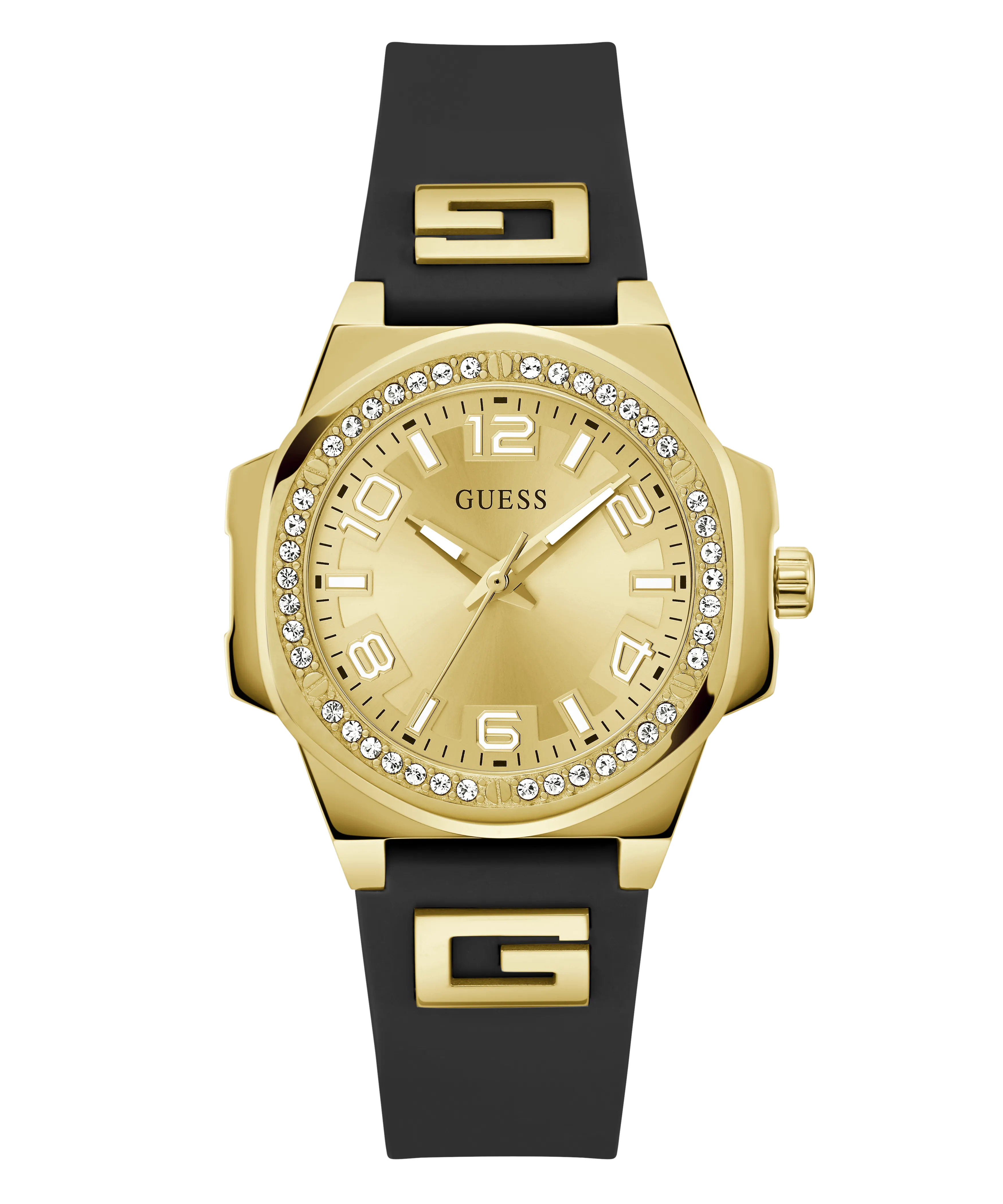 Guess Womens Silicone Watches GUESS Ladies Black Gold Tone Analog Watch