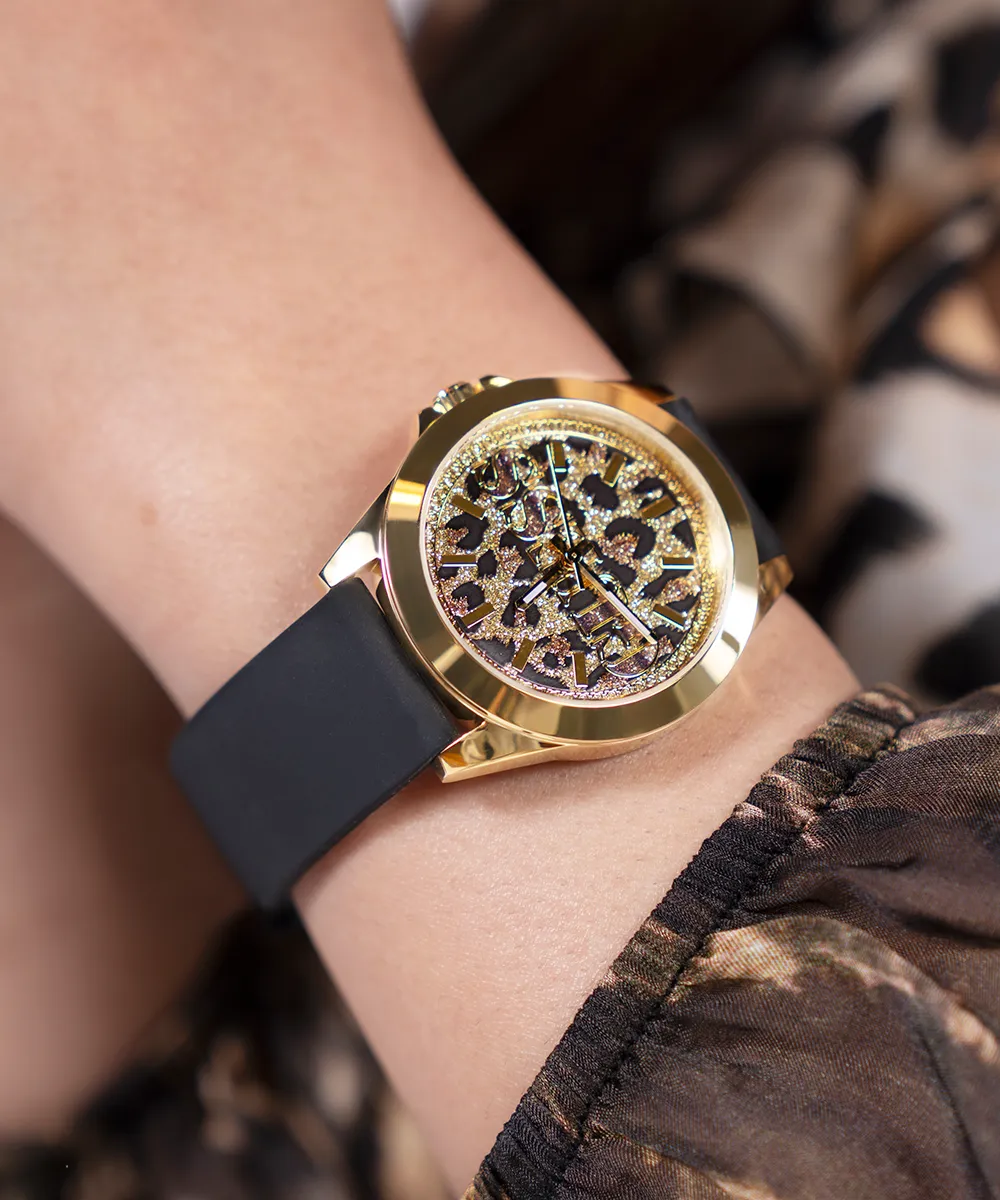 Guess Womens Silicone Watches GUESS Ladies Black Gold Tone Analog Watch