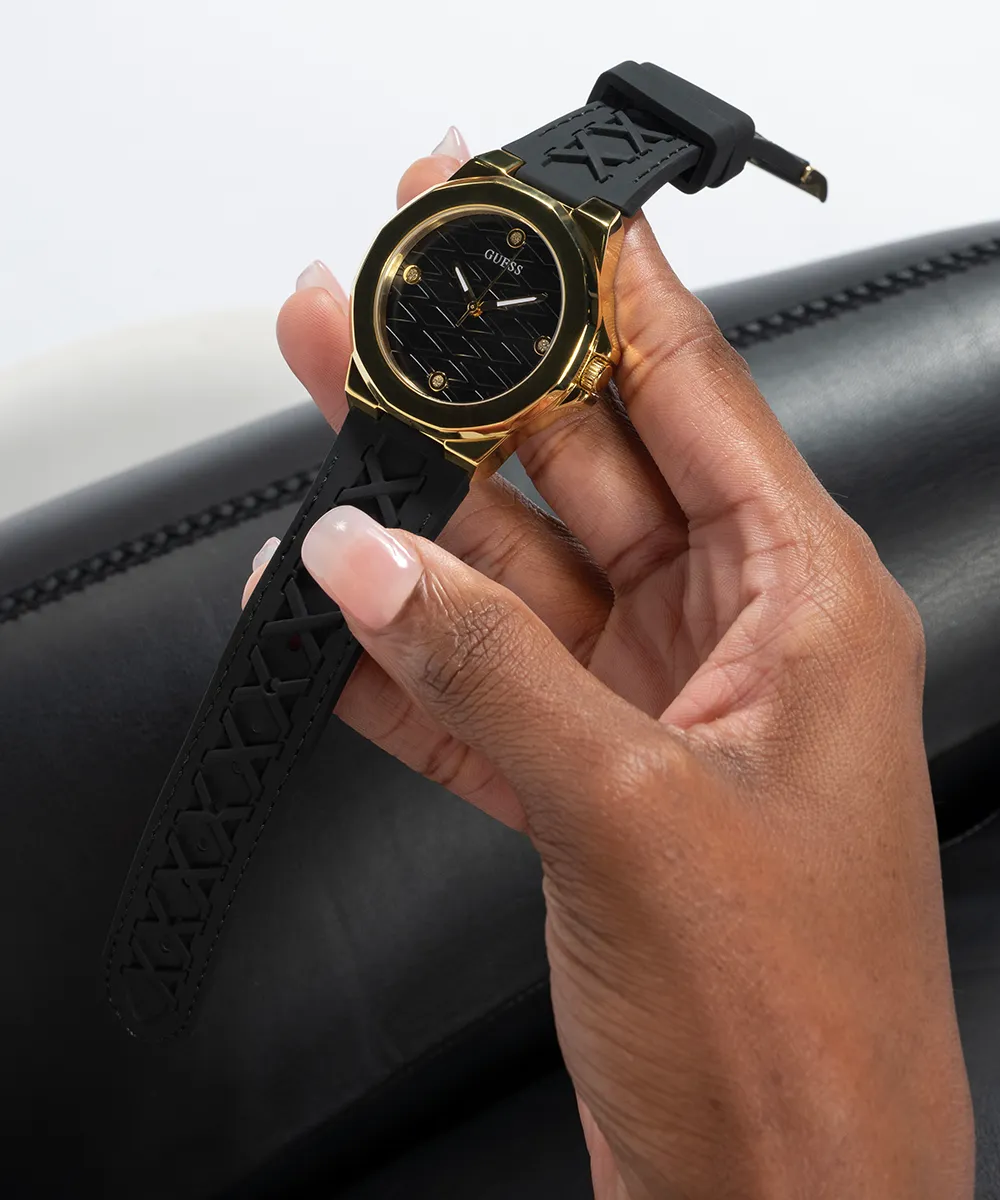 Guess Womens Silicone Watches GUESS Ladies Black Gold Tone Analog Watch