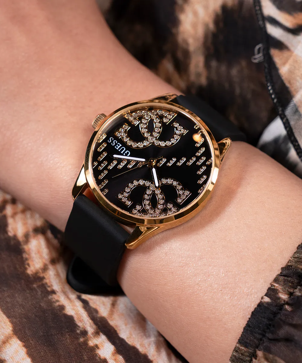 Guess Womens Silicone Watches GUESS Ladies Black Gold Tone Analog Watch