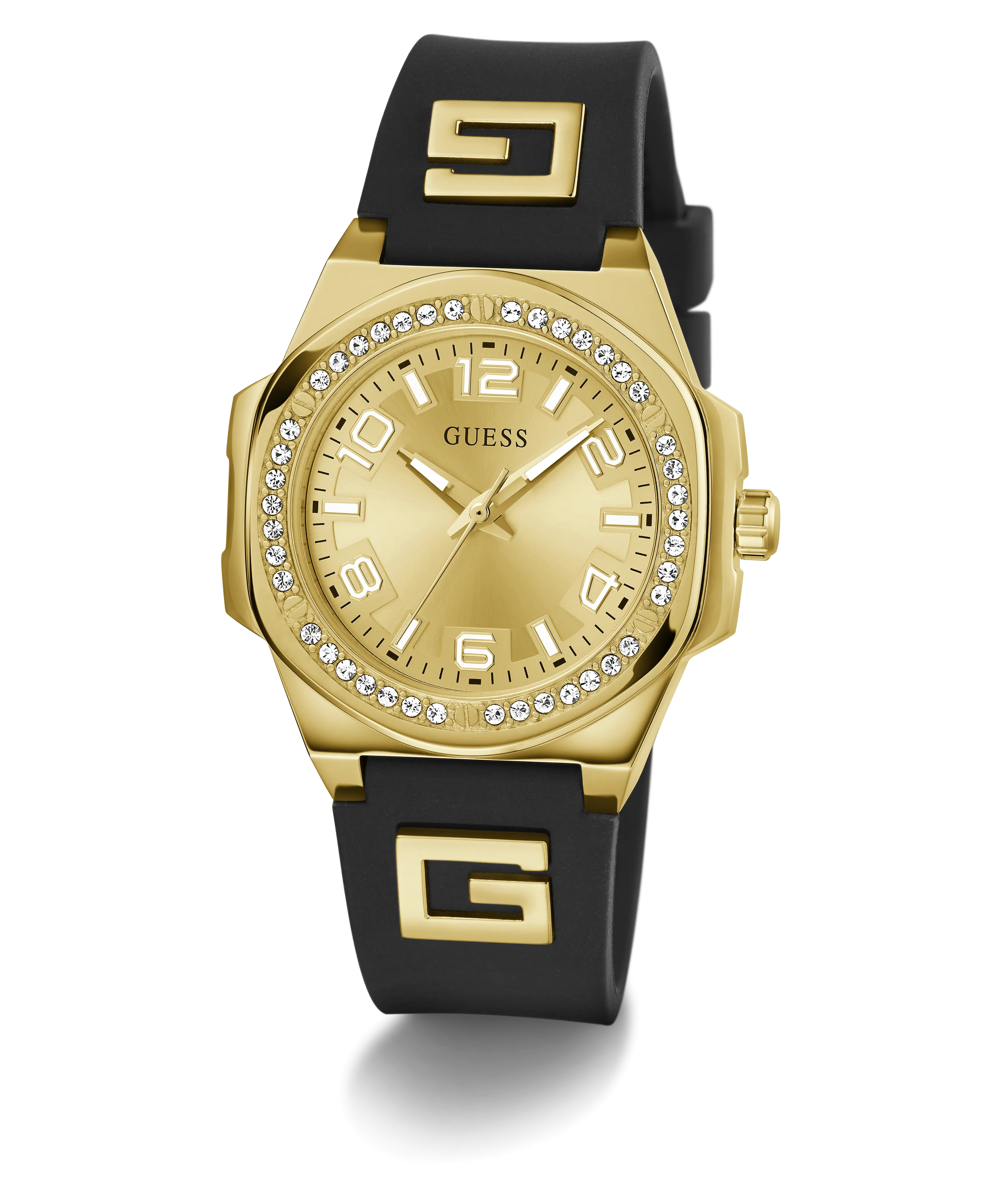 Guess Womens Silicone Watches GUESS Ladies Black Gold Tone Analog Watch