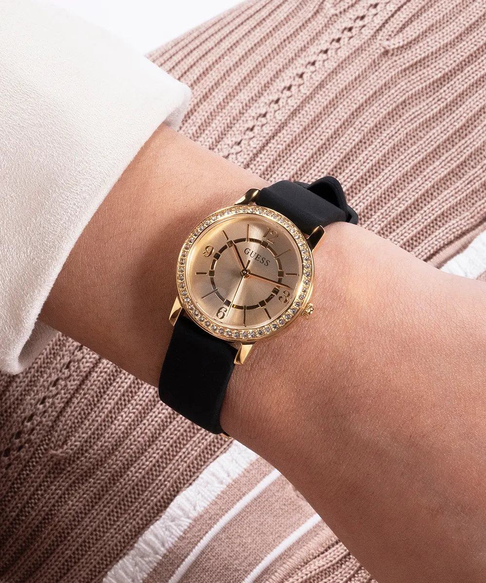 Guess Womens Silicone Watches GUESS Ladies Black Gold Tone Analog Watch