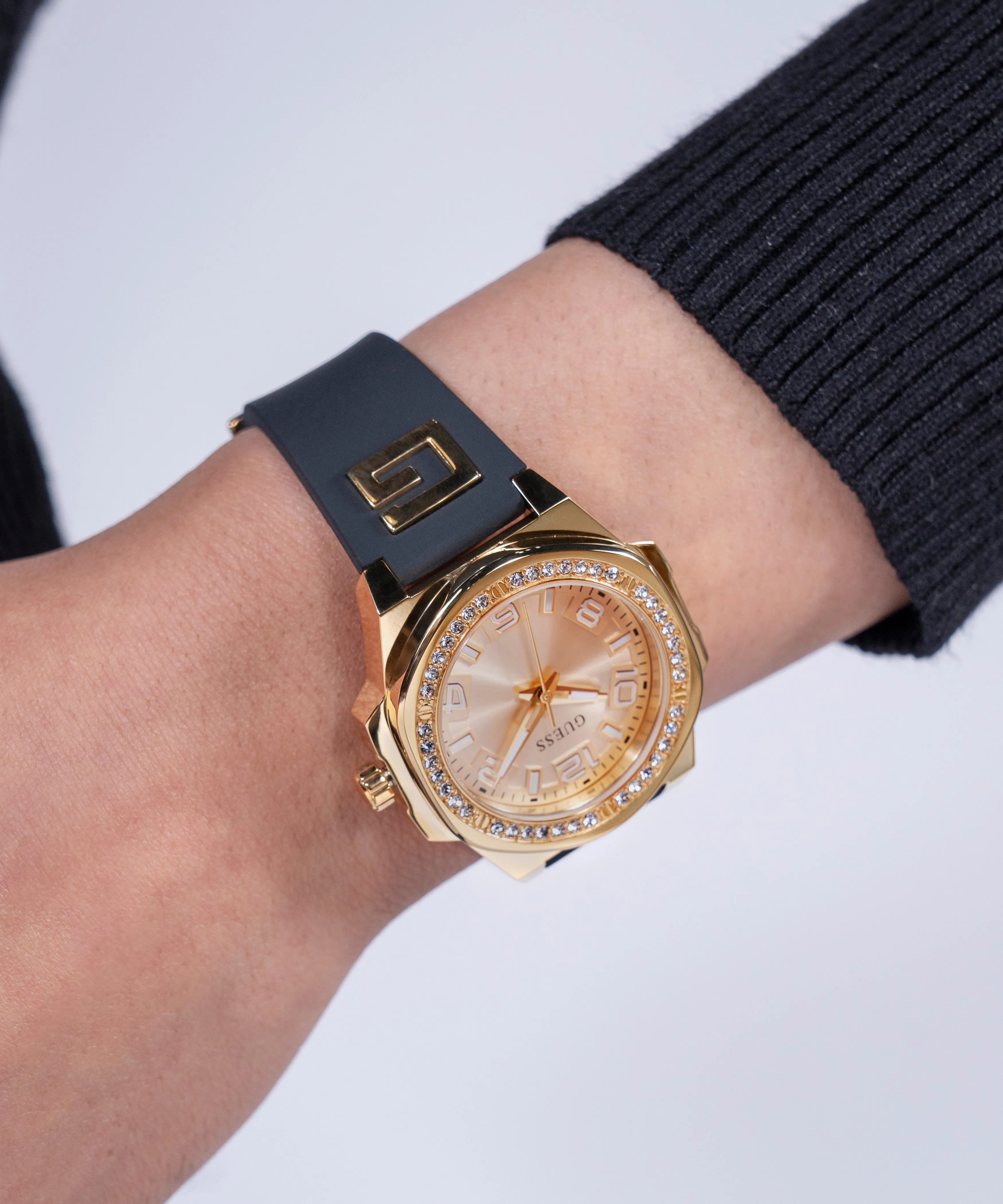 Guess Womens Silicone Watches GUESS Ladies Black Gold Tone Analog Watch