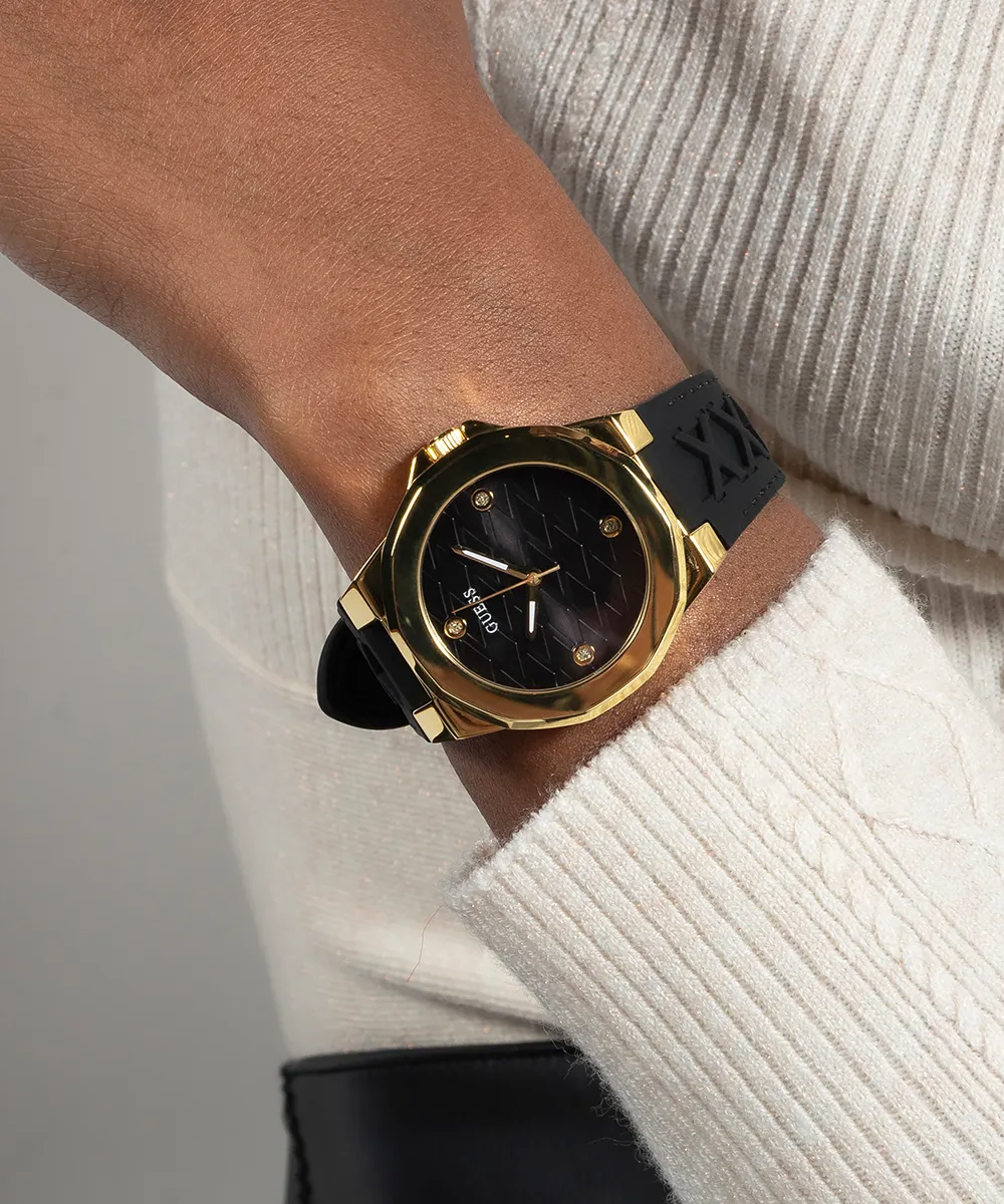 Guess Womens Silicone Watches GUESS Ladies Black Gold Tone Analog Watch