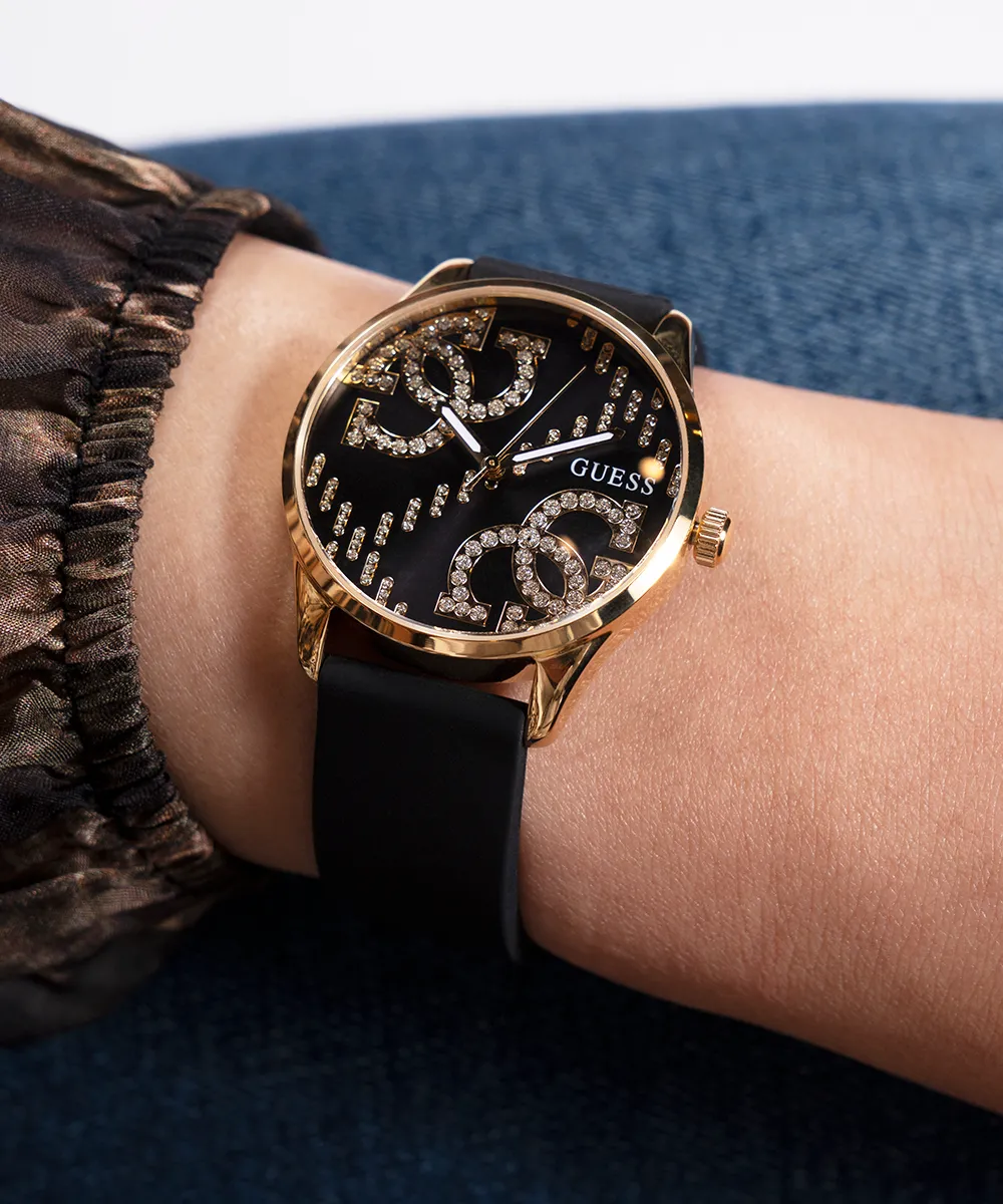 Guess Womens Silicone Watches GUESS Ladies Black Gold Tone Analog Watch