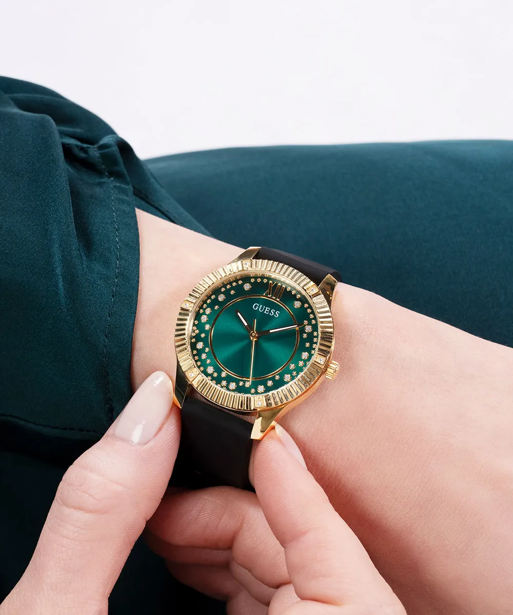 Guess Womens Silicone Watches GUESS Ladies Black Gold Tone Analog Watch