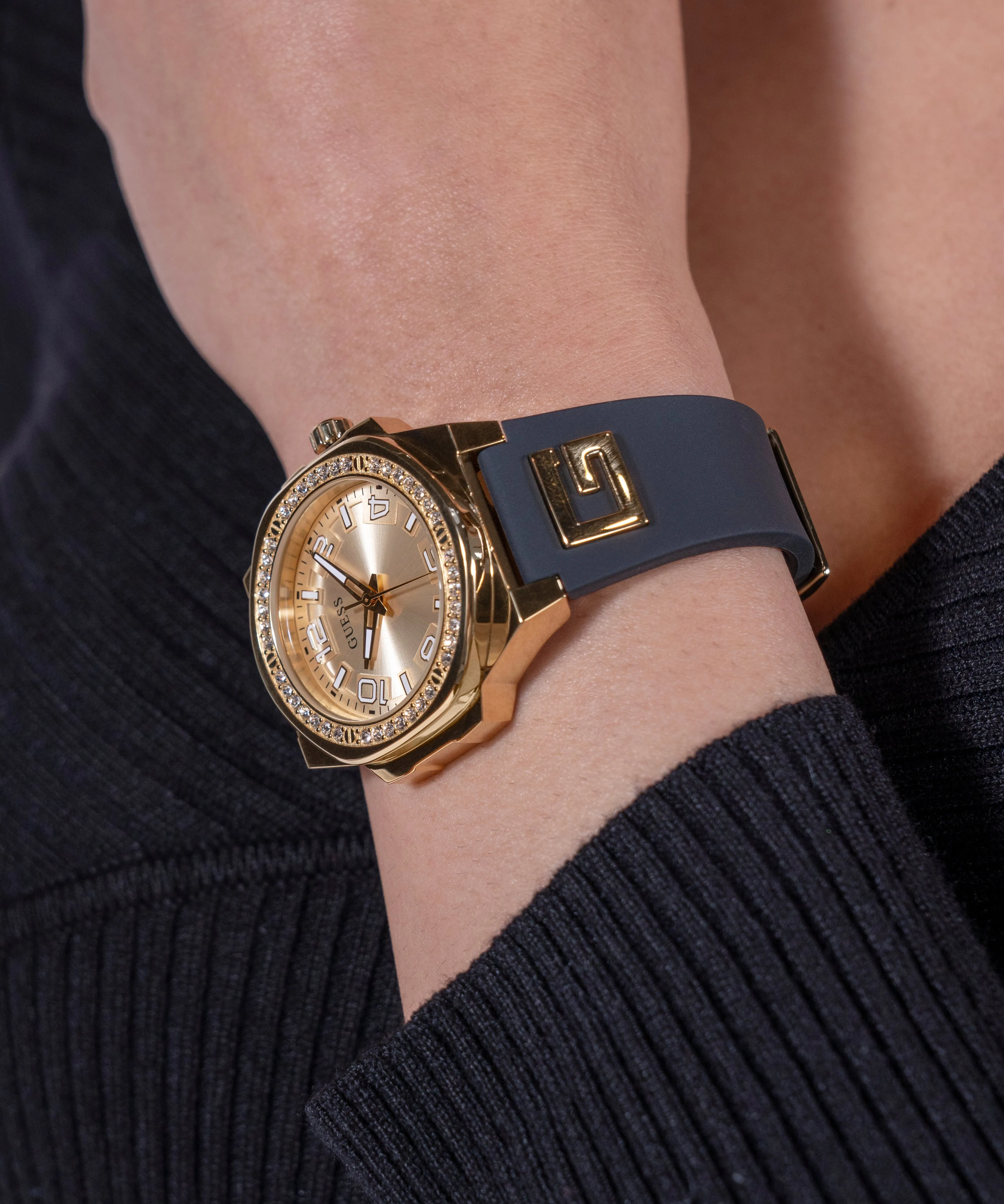 Guess Womens Silicone Watches GUESS Ladies Black Gold Tone Analog Watch