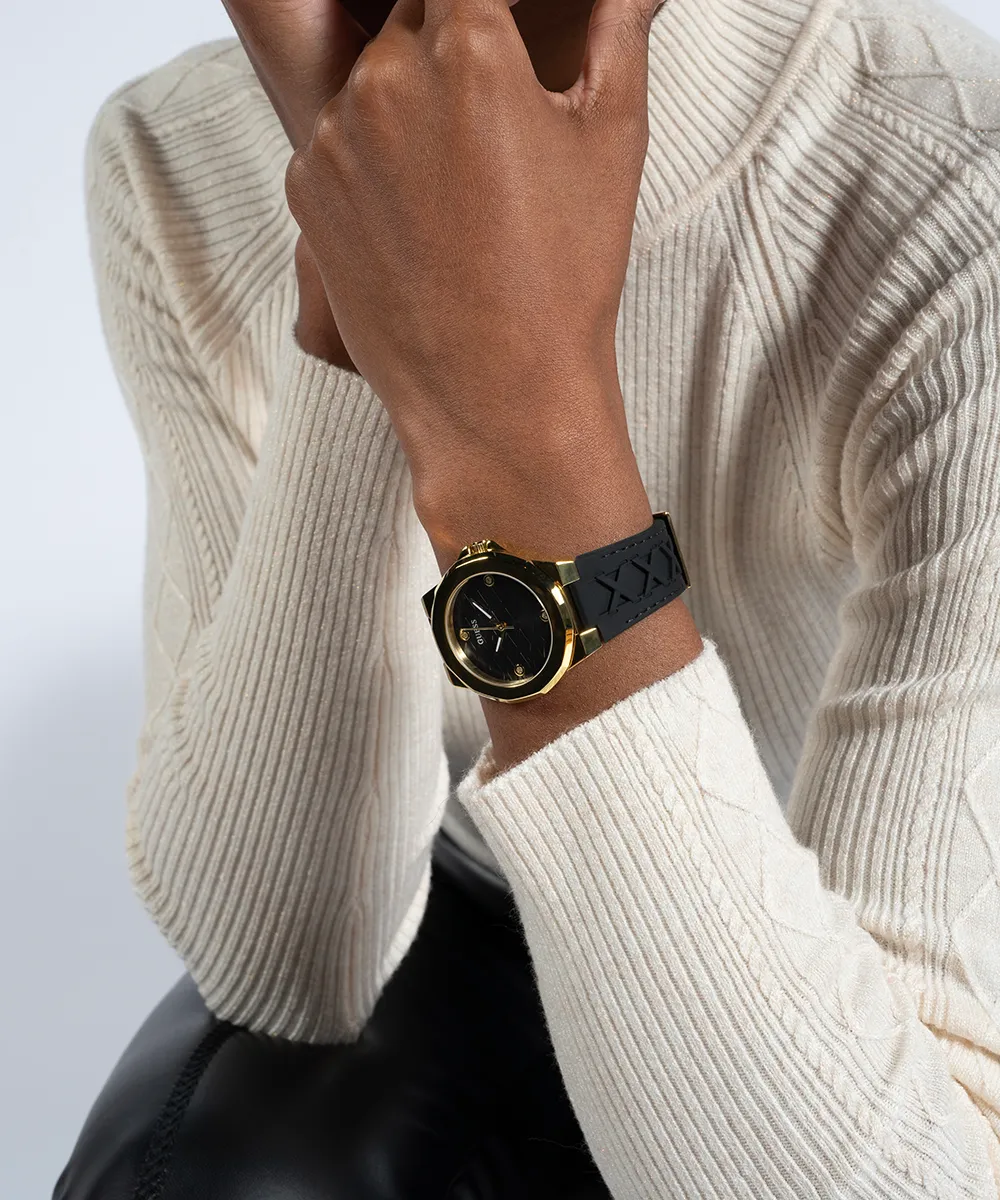 Guess Womens Silicone Watches GUESS Ladies Black Gold Tone Analog Watch