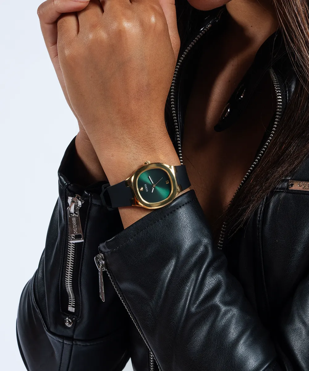 Guess Womens Silicone Watches GUESS Ladies Black Gold Tone Analog Watch