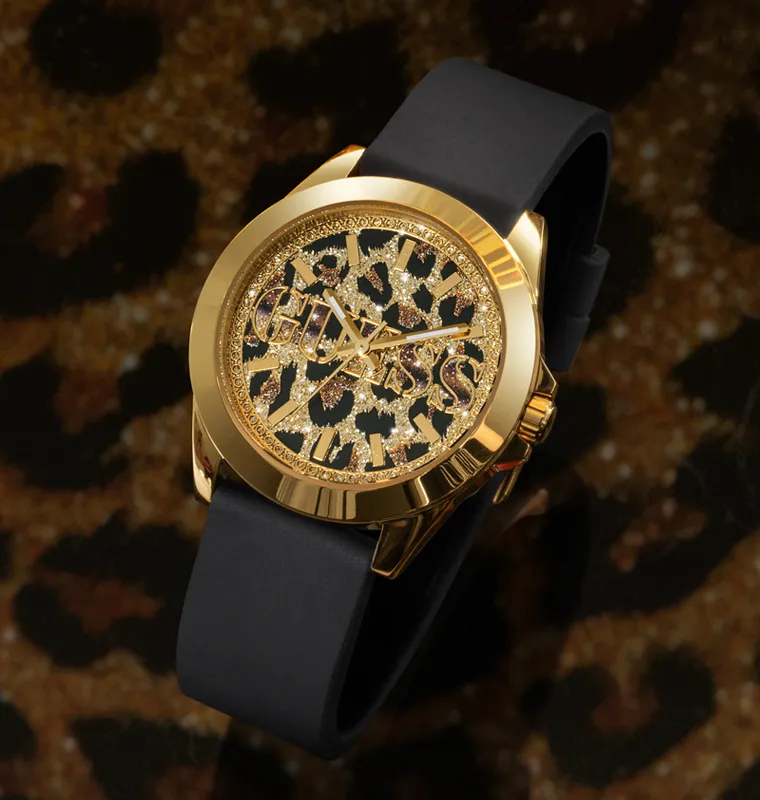 Guess Womens Silicone Watches GUESS Ladies Black Gold Tone Analog Watch