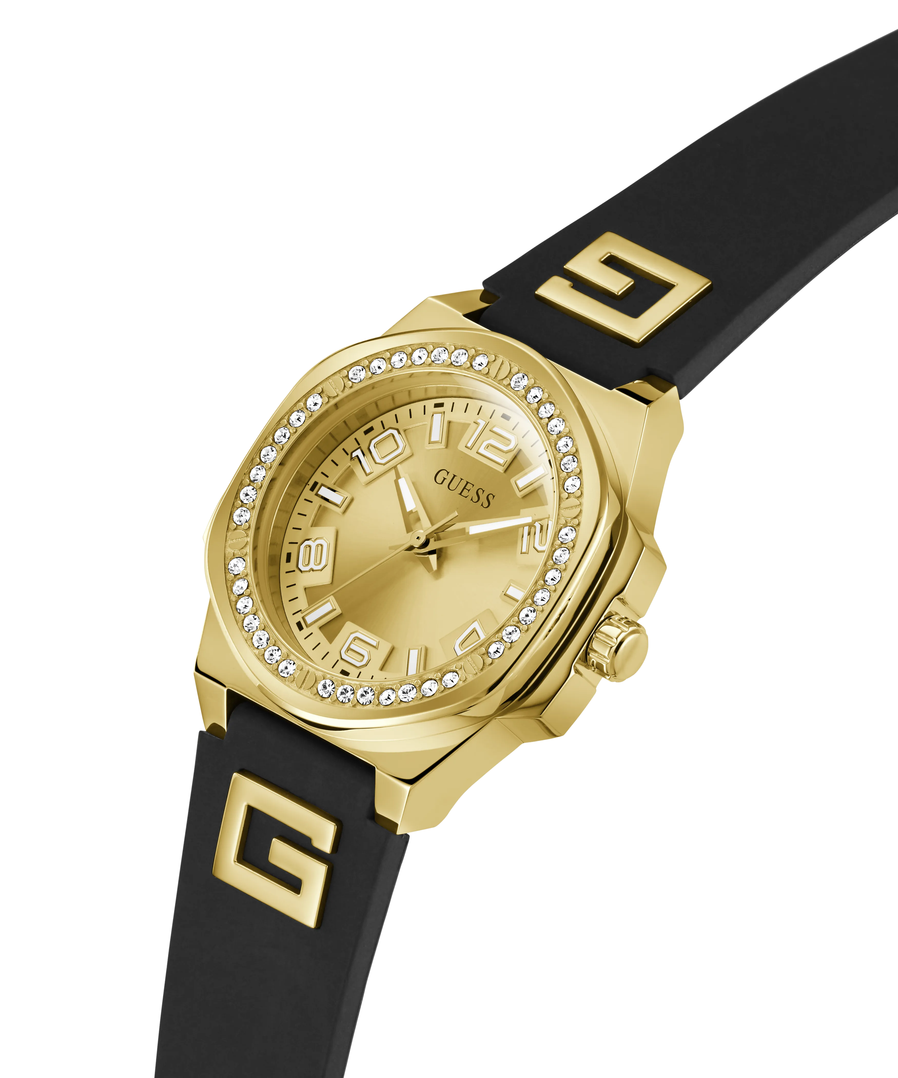 Guess Womens Silicone Watches GUESS Ladies Black Gold Tone Analog Watch