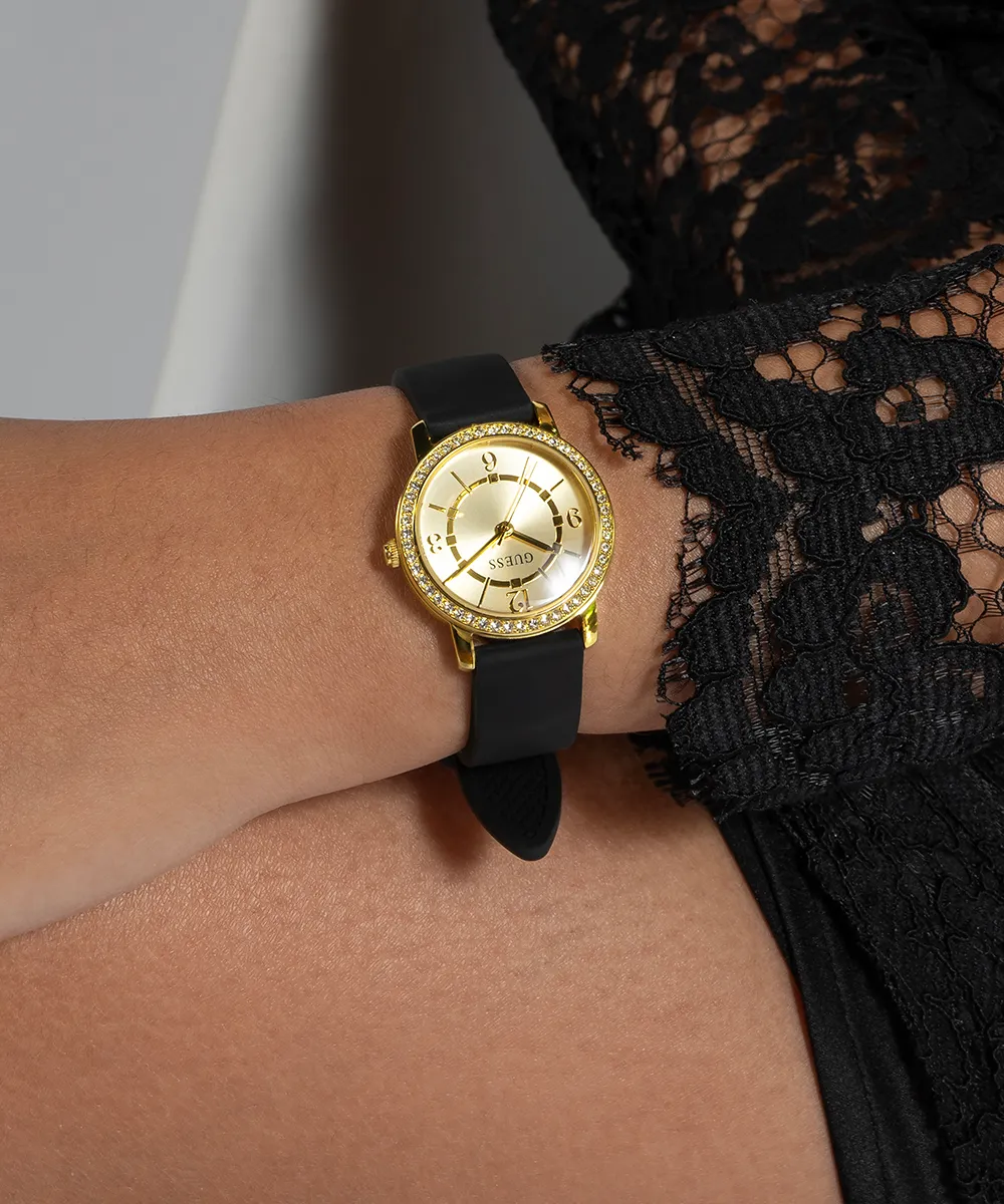 Guess Womens Silicone Watches GUESS Ladies Black Gold Tone Analog Watch