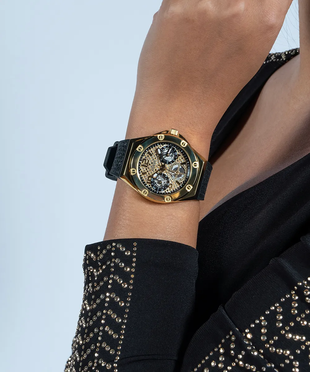 Guess Womens Silicone Watches GUESS Ladies Black Gold Tone Multi-function Watch