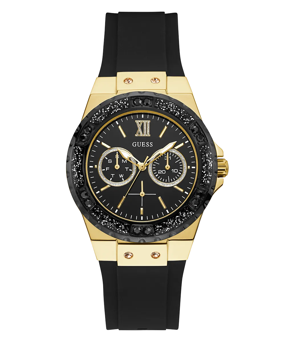 Guess Womens Silicone Watches GUESS Ladies Black Gold Tone Multi-function Watch