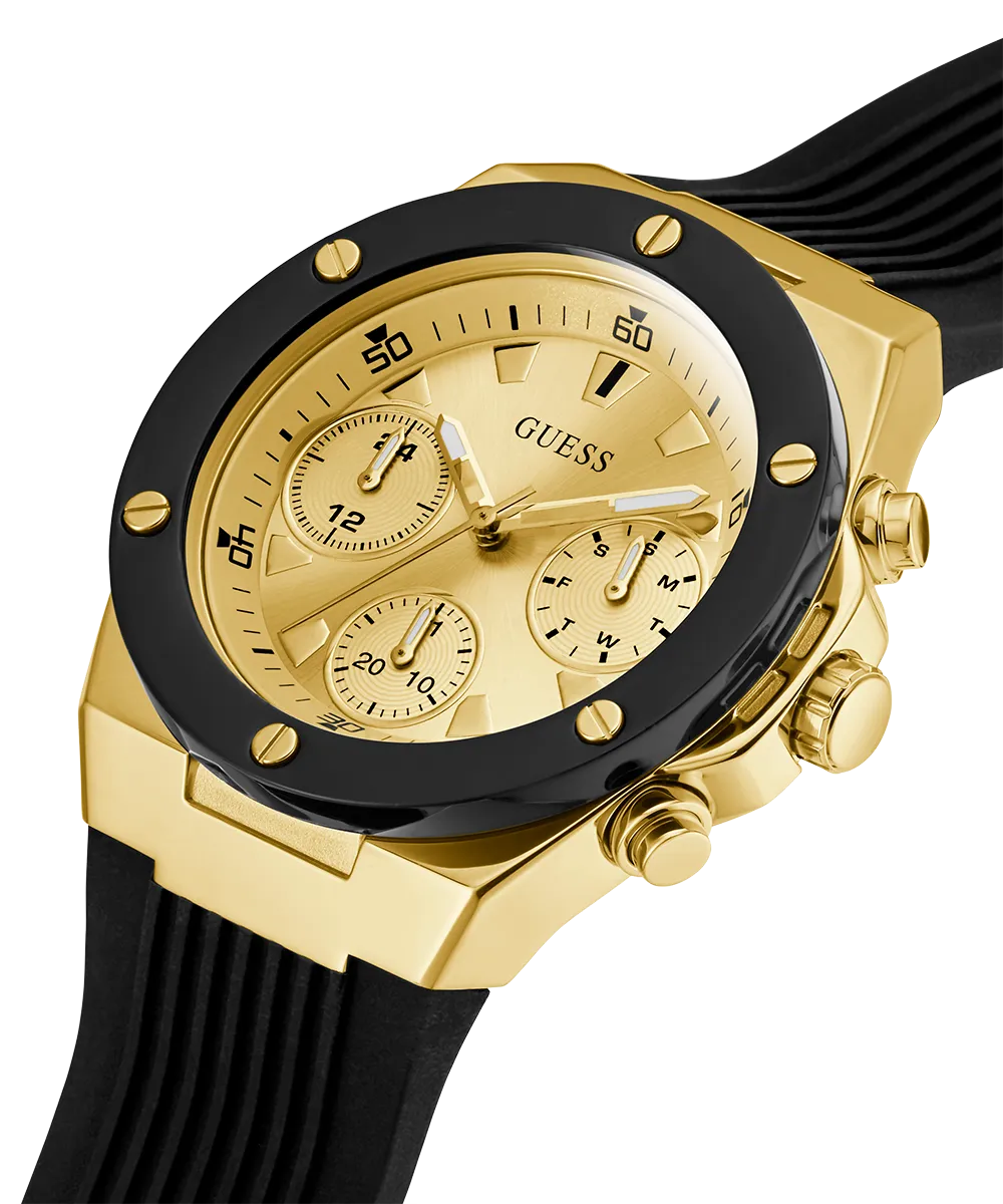 Guess Womens Silicone Watches GUESS Ladies Black Gold Tone Multi-function Watch