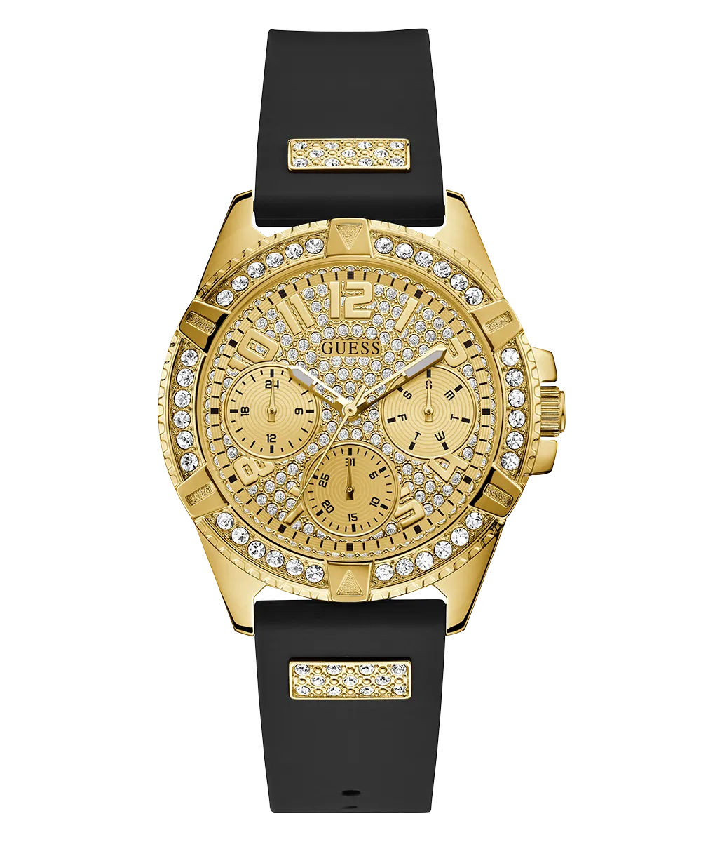 Guess Womens Silicone Watches GUESS Ladies Black Gold Tone Multi-function Watch