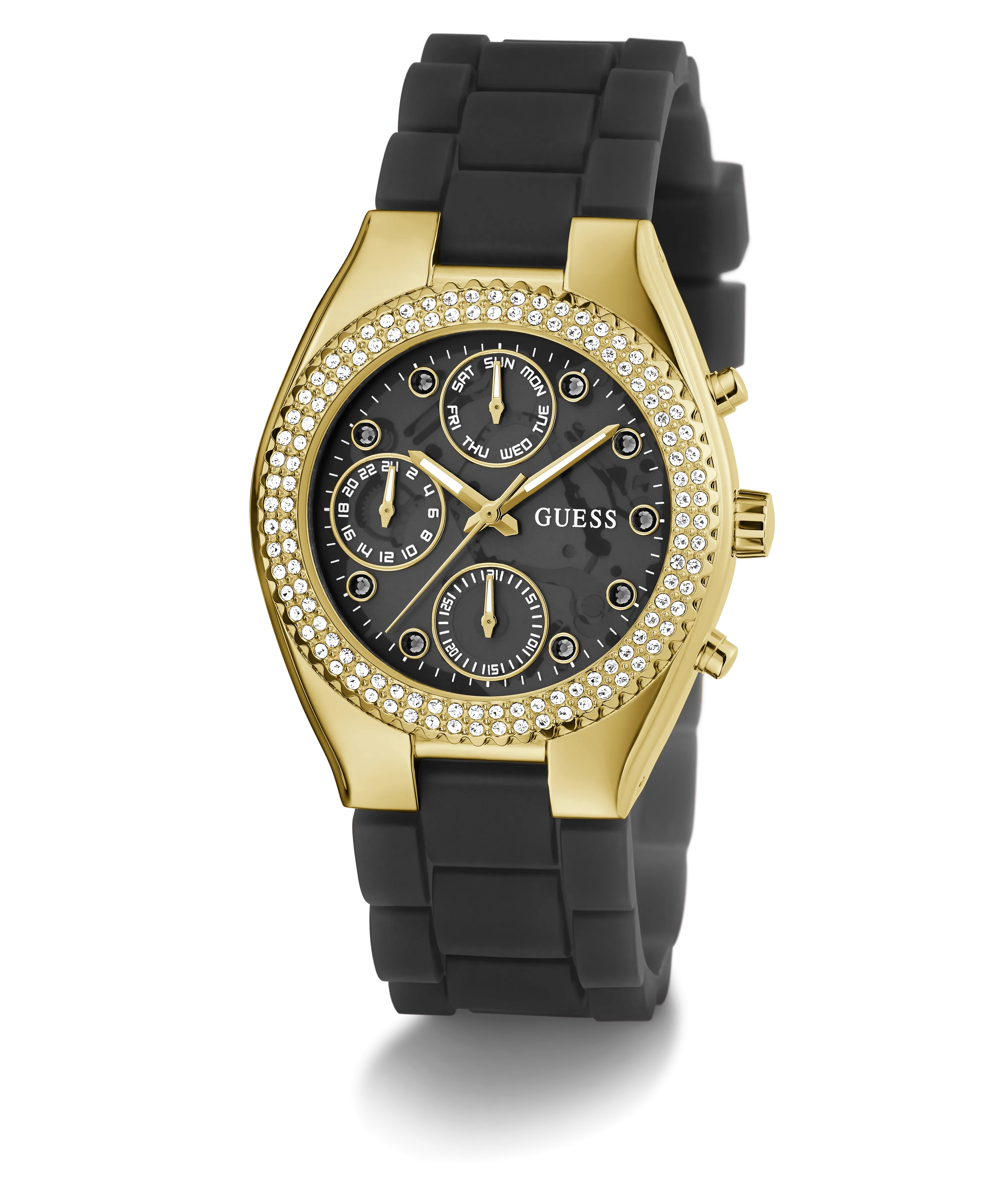 Guess Womens Silicone Watches GUESS Ladies Black Gold Tone Multi-function Watch