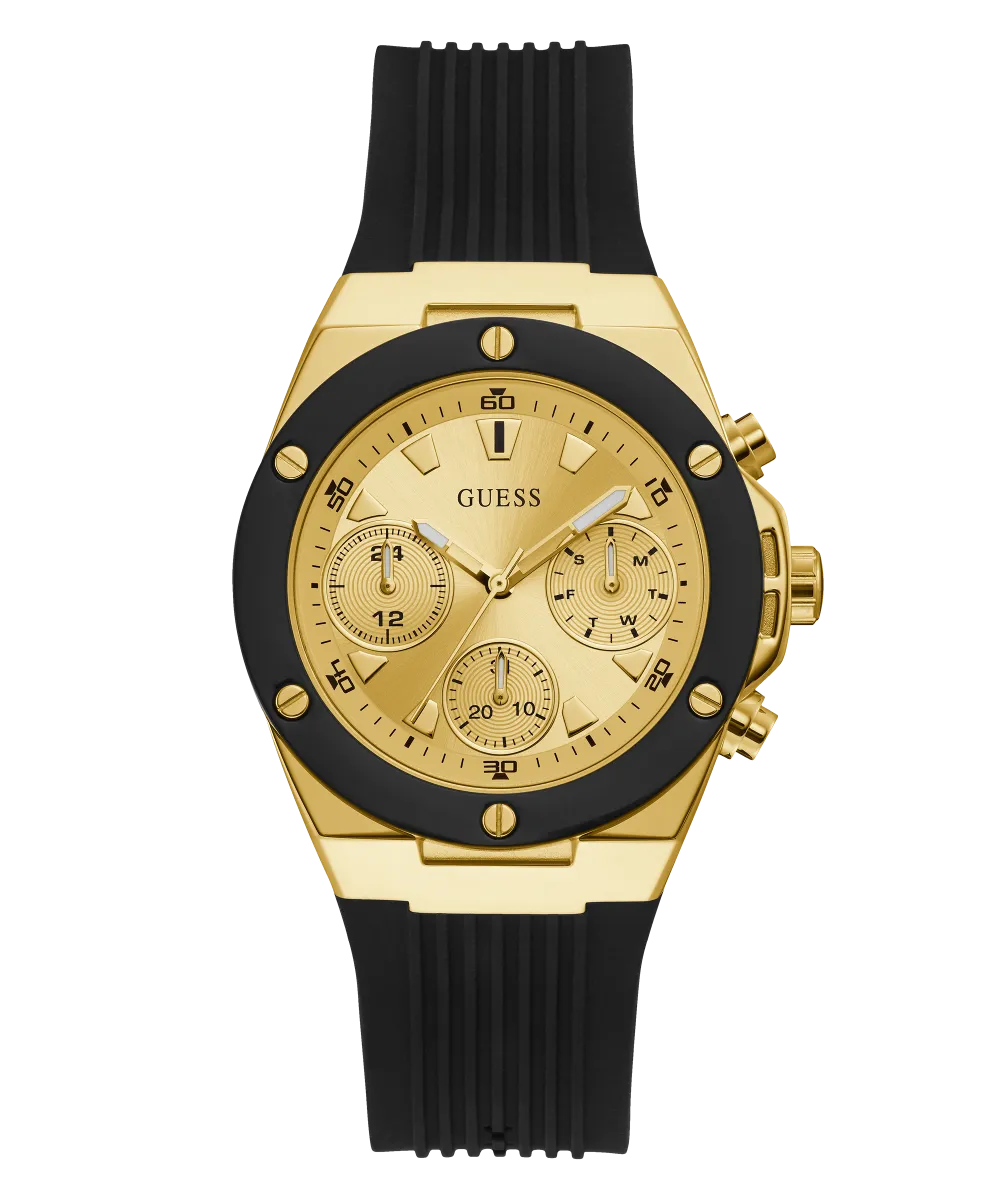 Guess Womens Silicone Watches GUESS Ladies Black Gold Tone Multi-function Watch