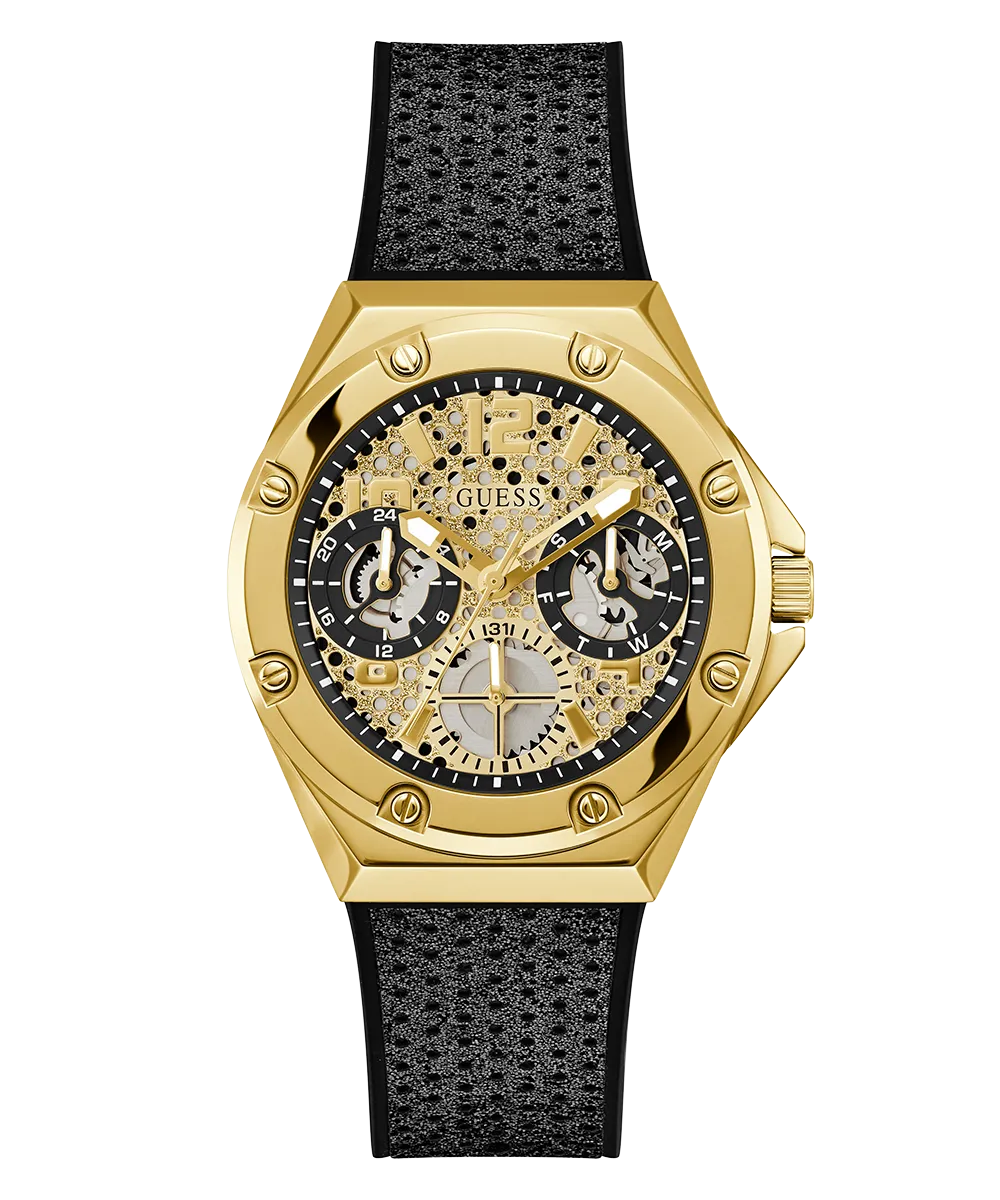 Guess Womens Silicone Watches GUESS Ladies Black Gold Tone Multi-function Watch