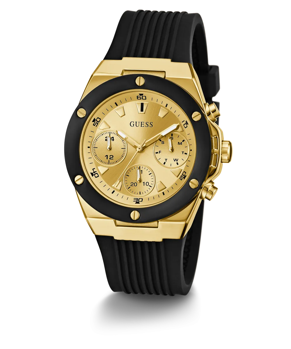 Guess Womens Silicone Watches GUESS Ladies Black Gold Tone Multi-function Watch
