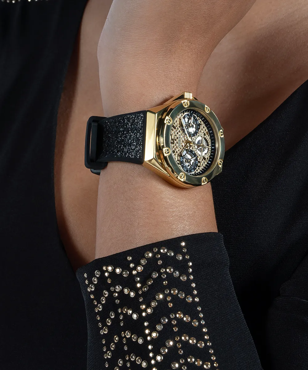 Guess Womens Silicone Watches GUESS Ladies Black Gold Tone Multi-function Watch
