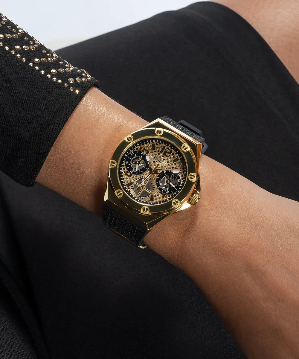 Guess Womens Silicone Watches GUESS Ladies Black Gold Tone Multi-function Watch