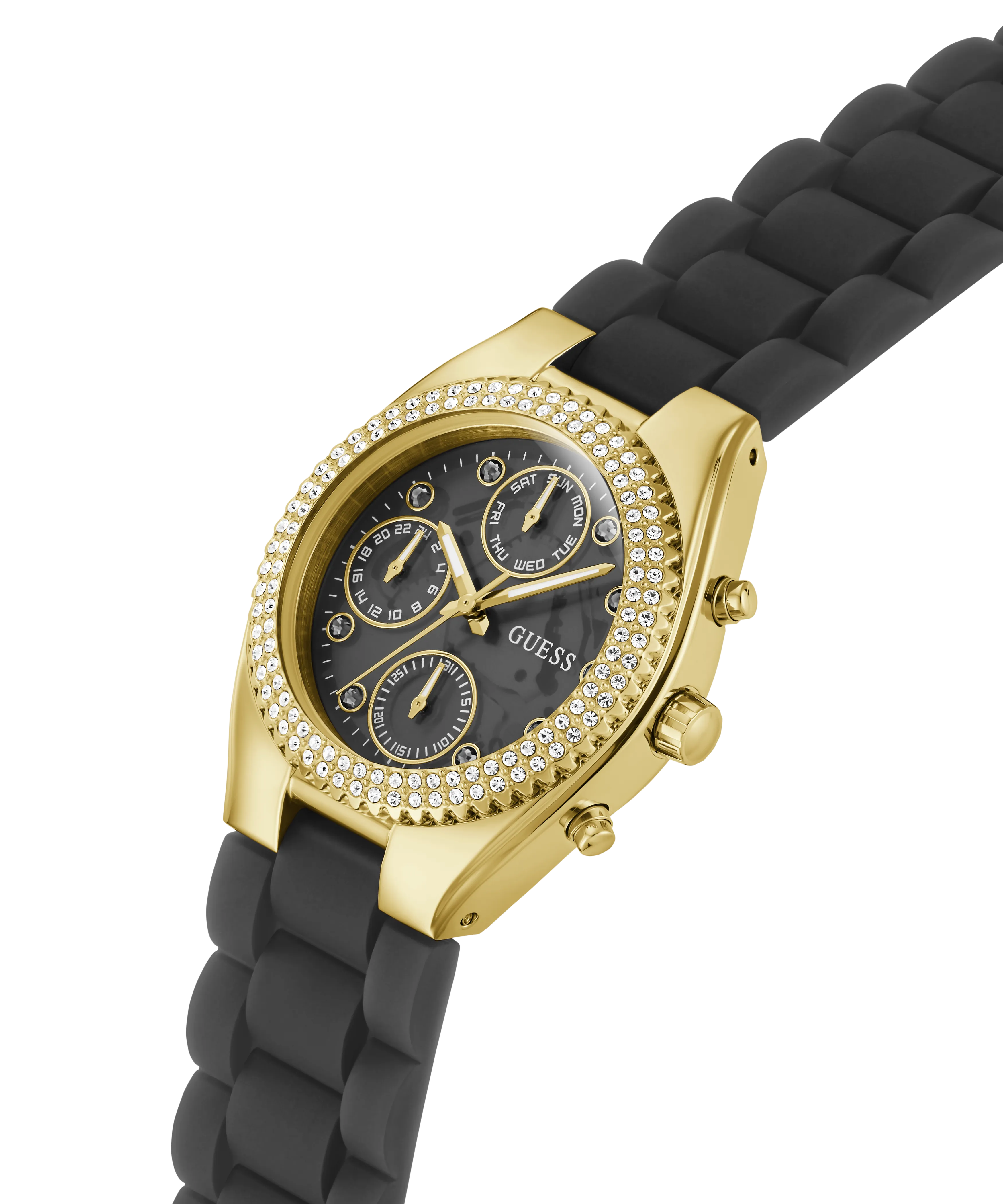 Guess Womens Silicone Watches GUESS Ladies Black Gold Tone Multi-function Watch