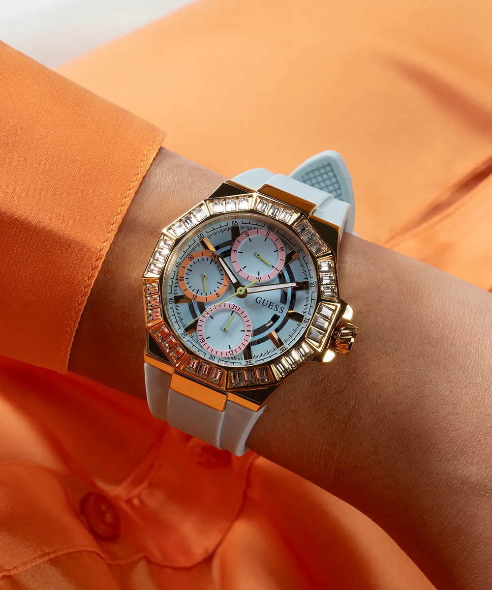 Guess Womens Silicone Watches GUESS Ladies Blue Gold Tone Multi-function Watch