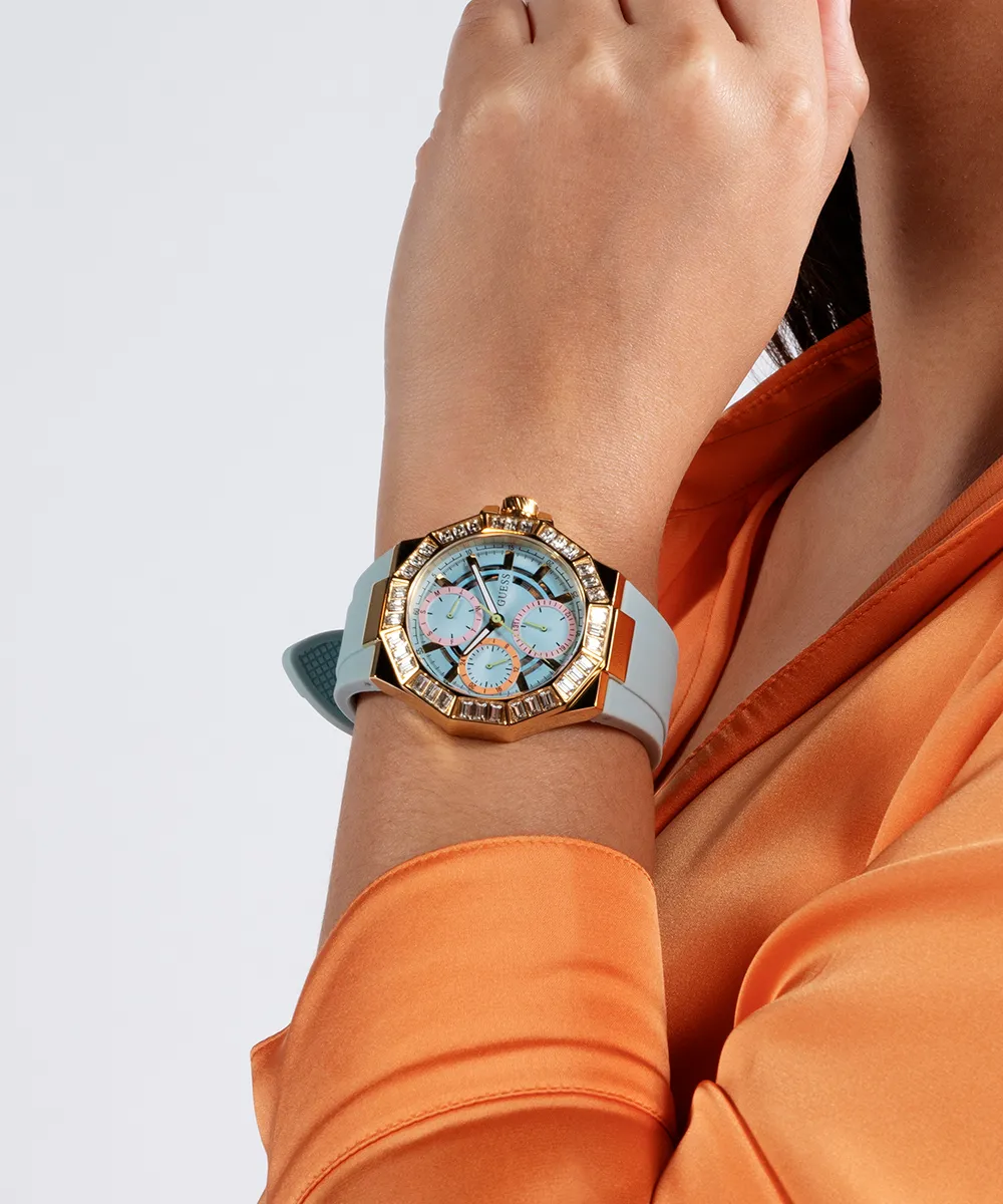 Guess Womens Silicone Watches GUESS Ladies Blue Gold Tone Multi-function Watch