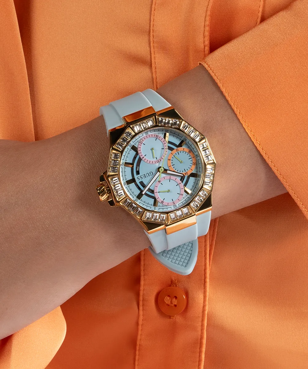 Guess Womens Silicone Watches GUESS Ladies Blue Gold Tone Multi-function Watch