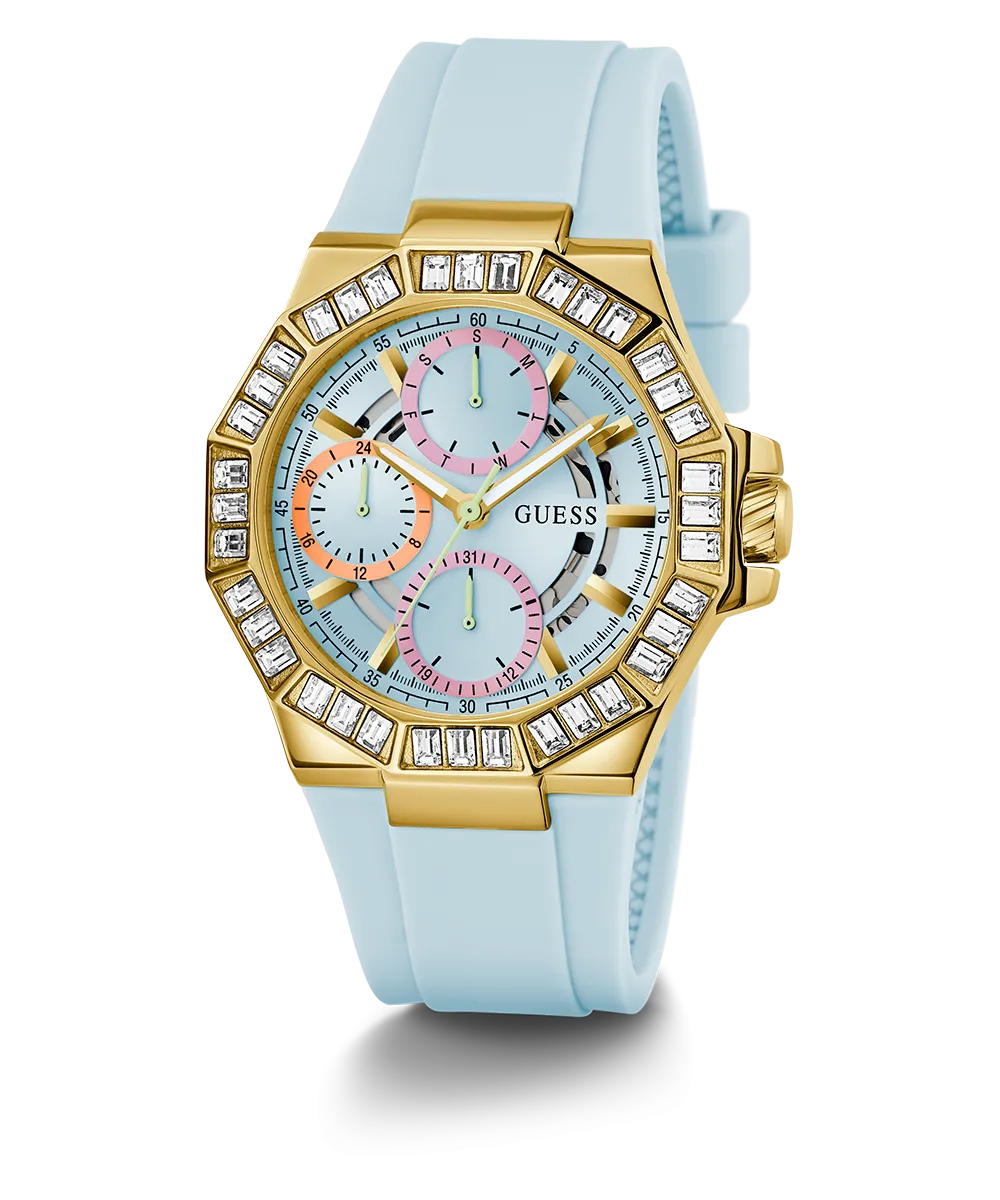 Guess Womens Silicone Watches GUESS Ladies Blue Gold Tone Multi-function Watch