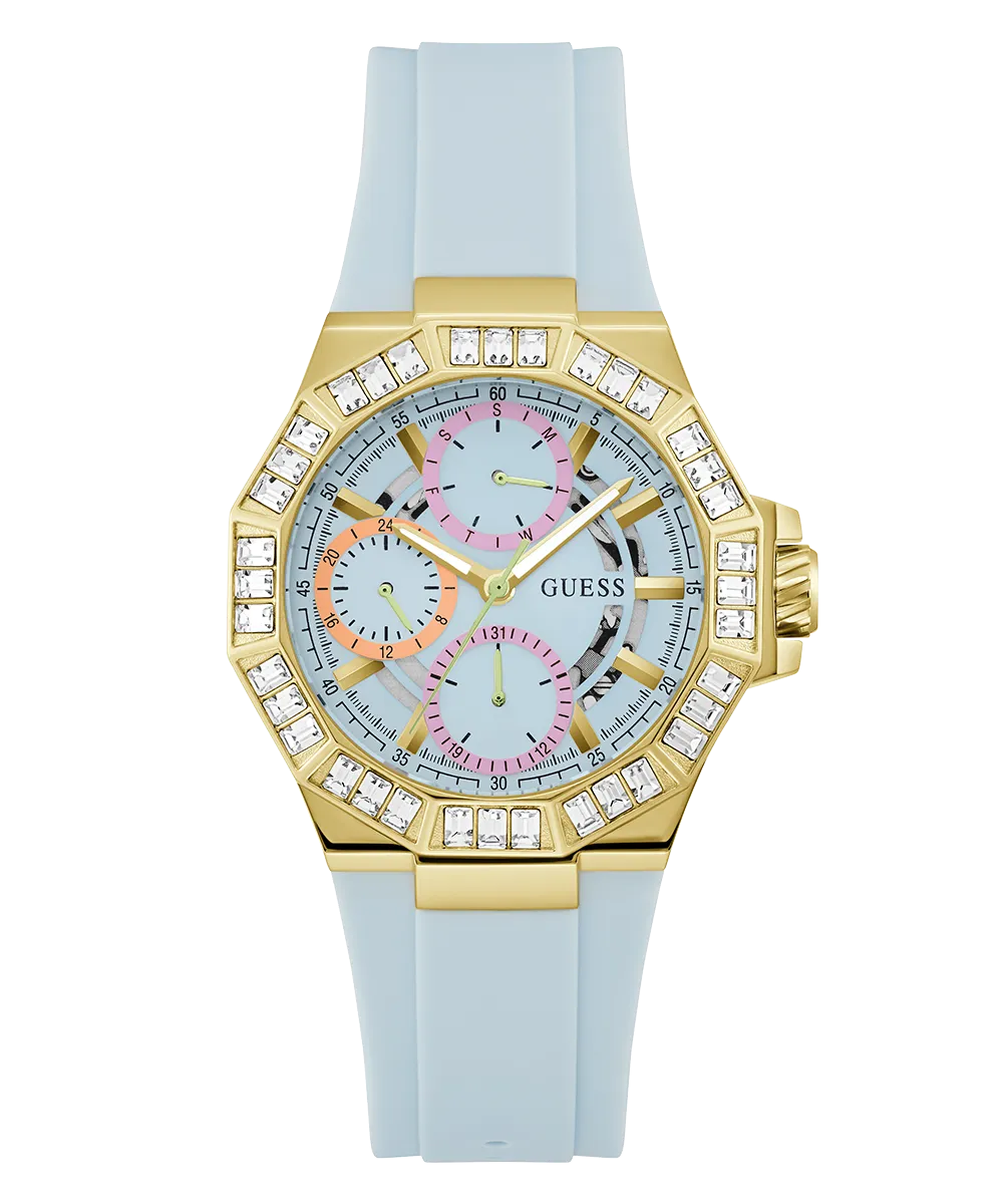 Guess Womens Silicone Watches GUESS Ladies Blue Gold Tone Multi-function Watch