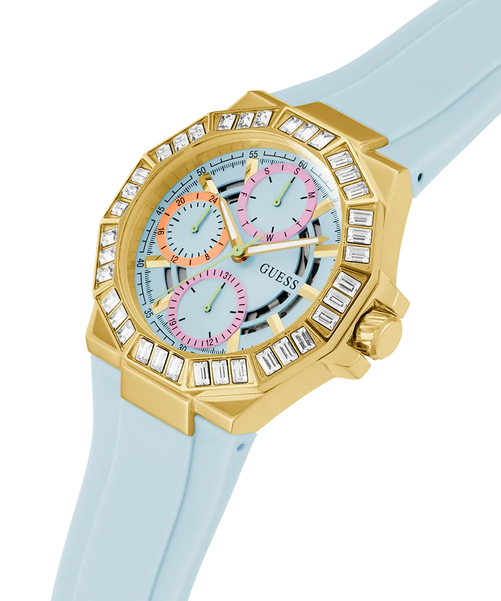 Guess Womens Silicone Watches GUESS Ladies Blue Gold Tone Multi-function Watch