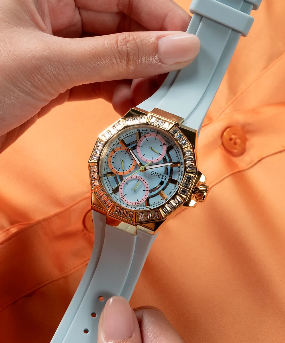 Guess Womens Silicone Watches GUESS Ladies Blue Gold Tone Multi-function Watch