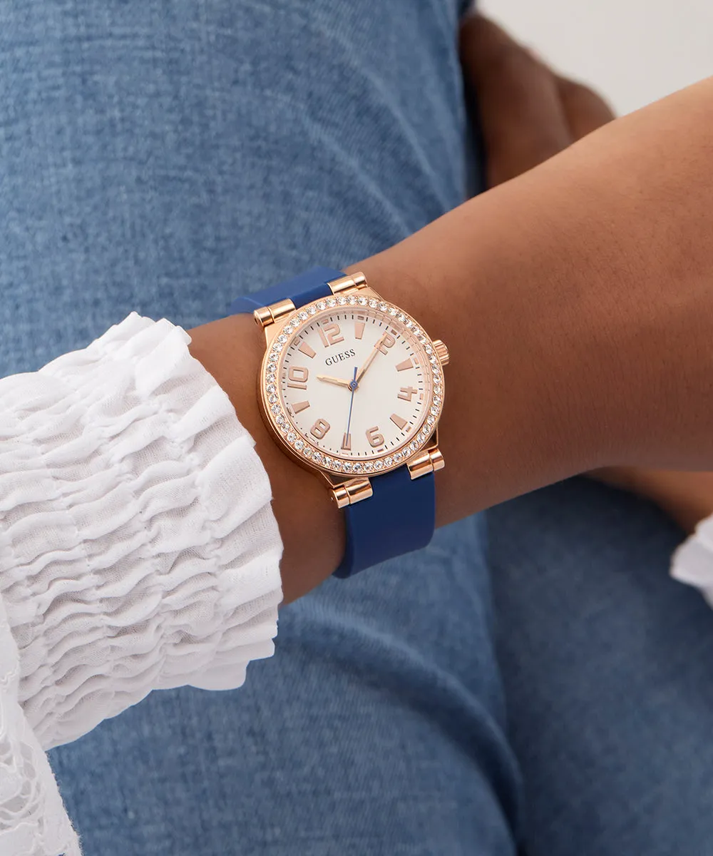 Guess Womens Silicone Watches GUESS Ladies Blue Rose Gold Tone Analog Watch