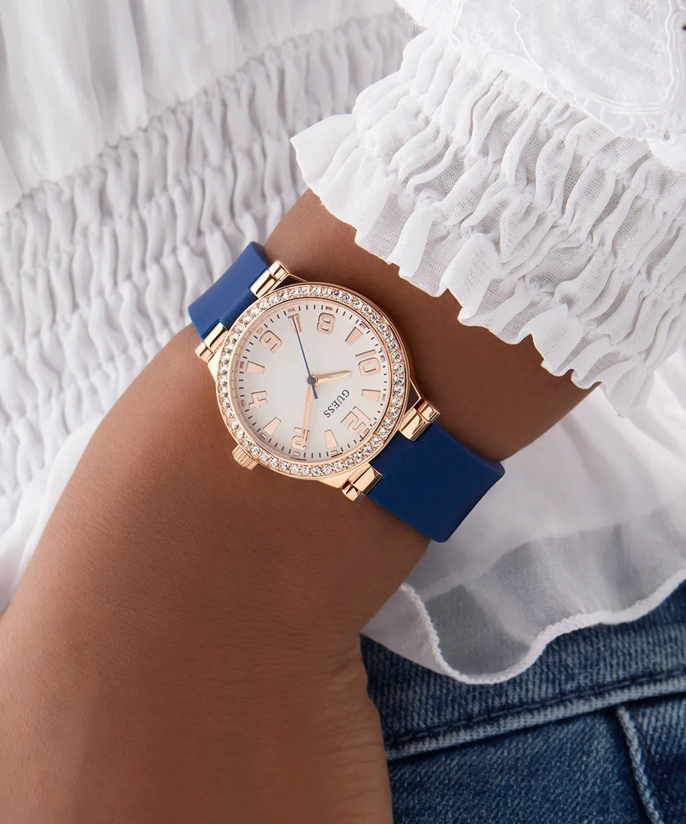 Guess Womens Silicone Watches GUESS Ladies Blue Rose Gold Tone Analog Watch