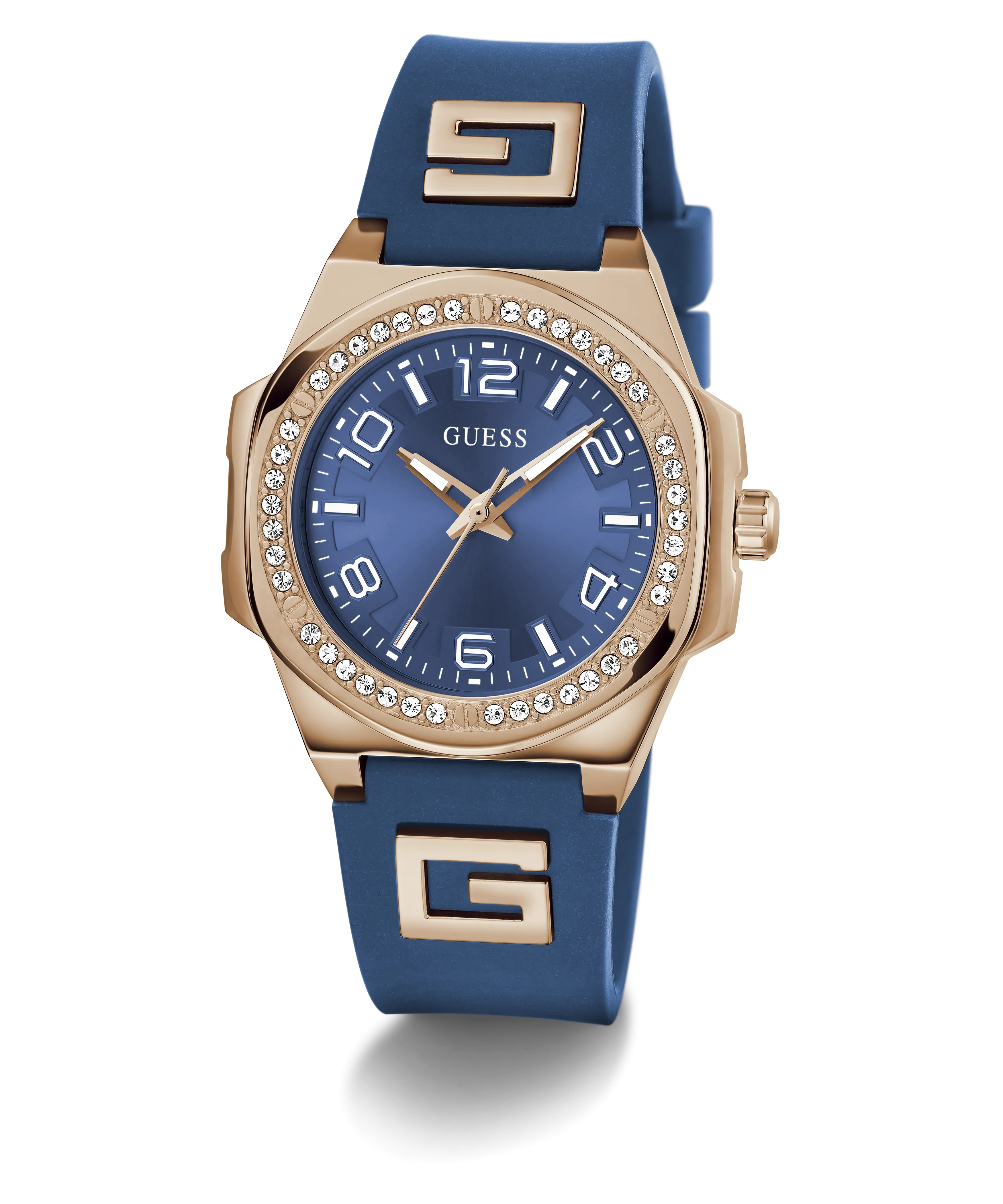Guess Womens Silicone Watches GUESS Ladies Blue Rose Gold Tone Analog Watch