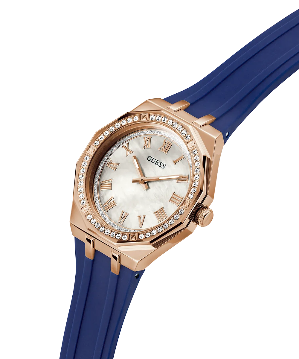 Guess Womens Silicone Watches GUESS Ladies Blue Rose Gold Tone Analog Watch
